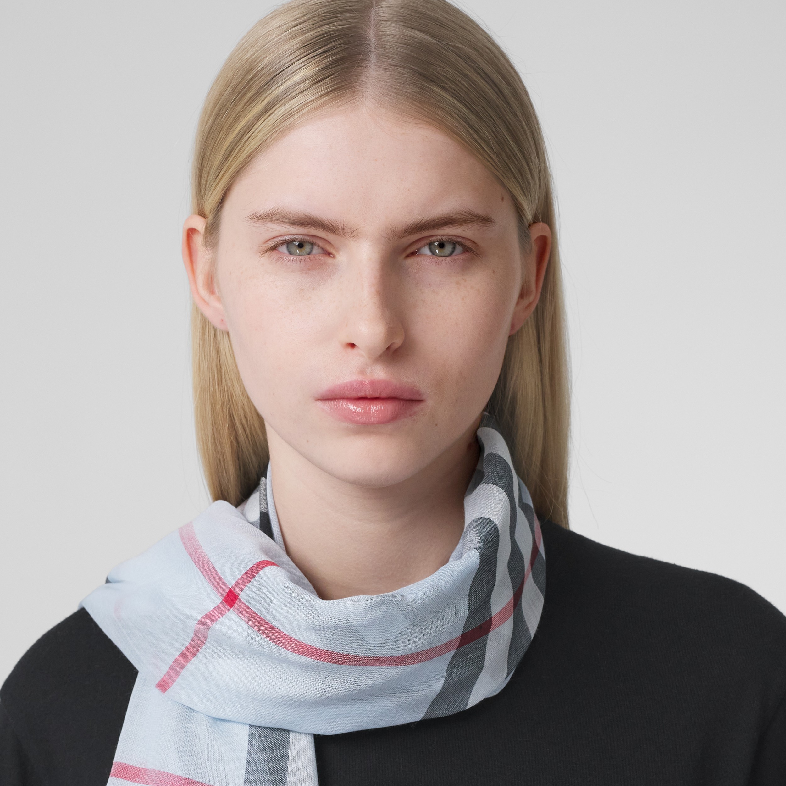 Lightweight Check Wool Silk Scarf in Pale Blue/black | Burberry® Official - 3