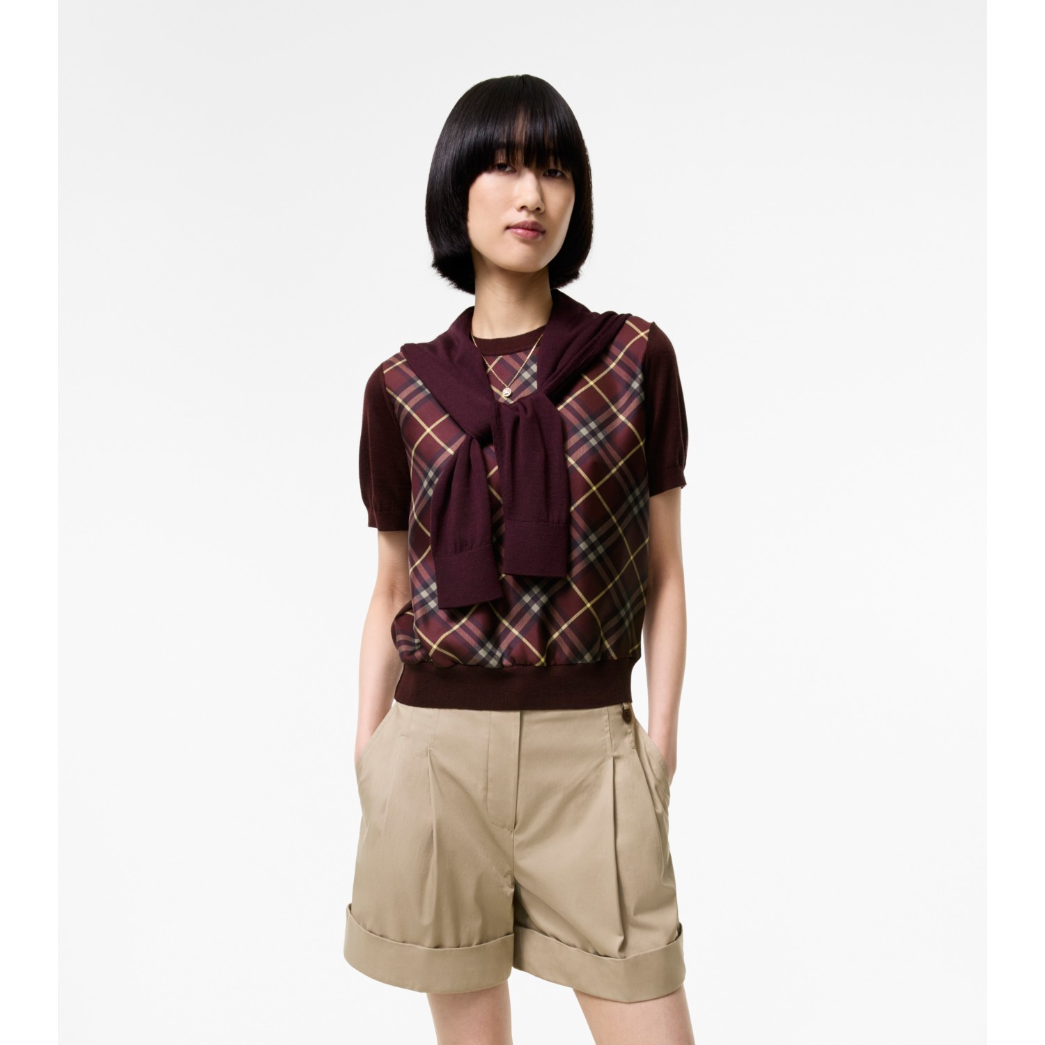 Check Panel Wool Silk T-shirt - thumbnail 2