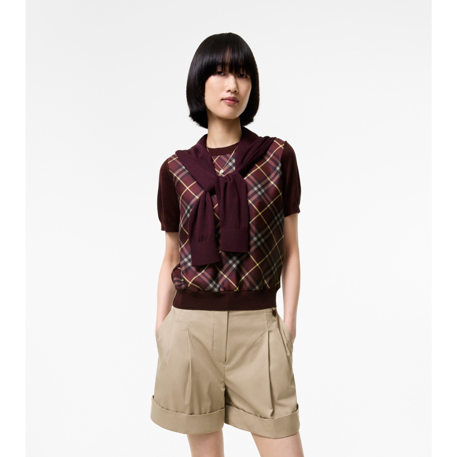 Woll-Seiden-T-Shirt mit Karopanel