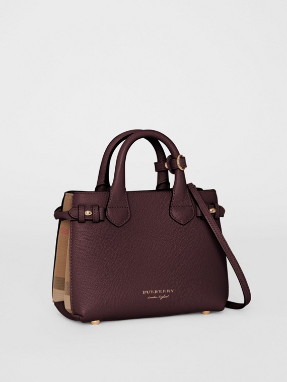 Tote Bags Burberry The Small Banner In Leather And House Check Mahogany Red