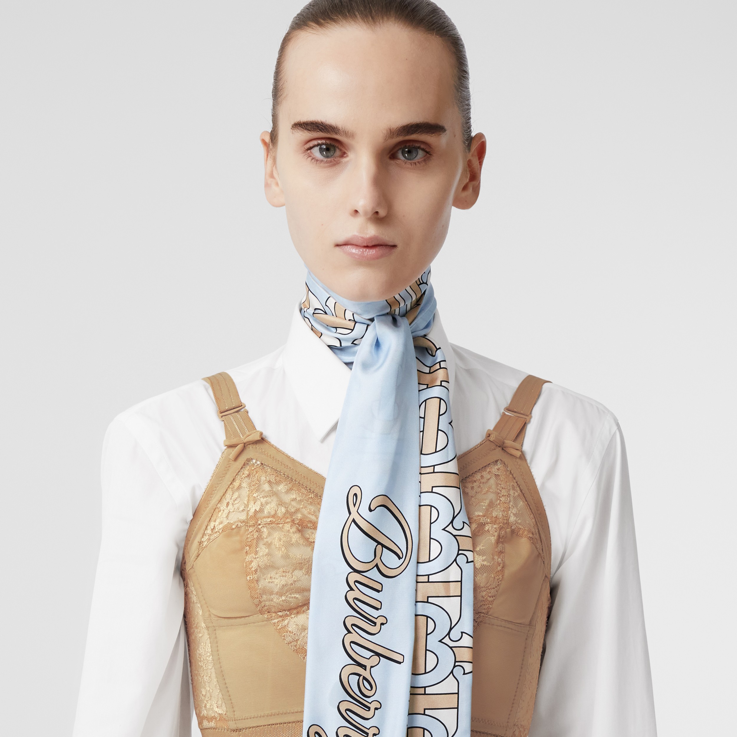 Montage Print Silk Skinny Scarf in Soft Fawn/pale Blue Burberry® Official