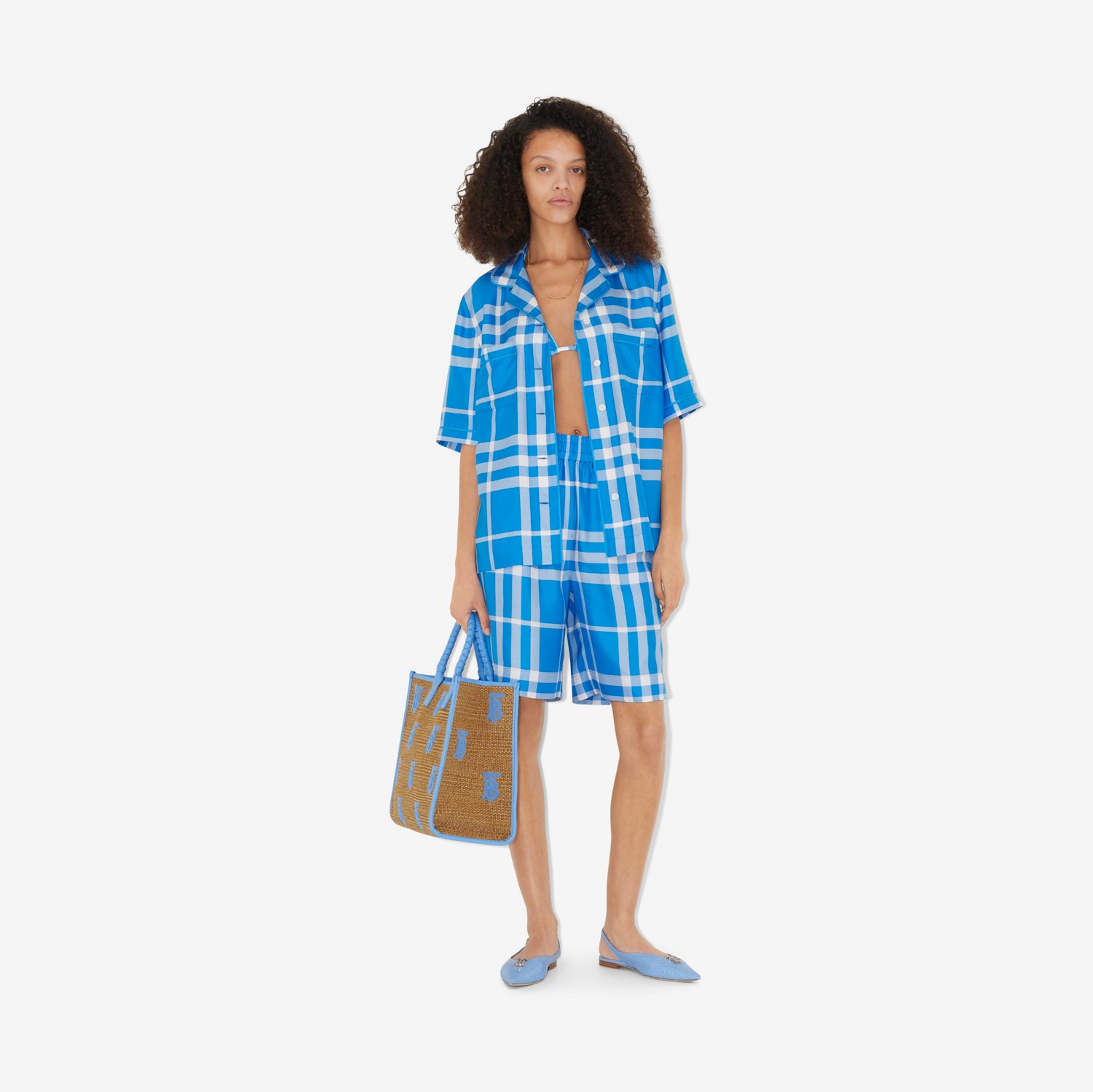 Bermuda de seda com estampa xadrez (Azul Vívido) - Mulheres | Burberry® oficial