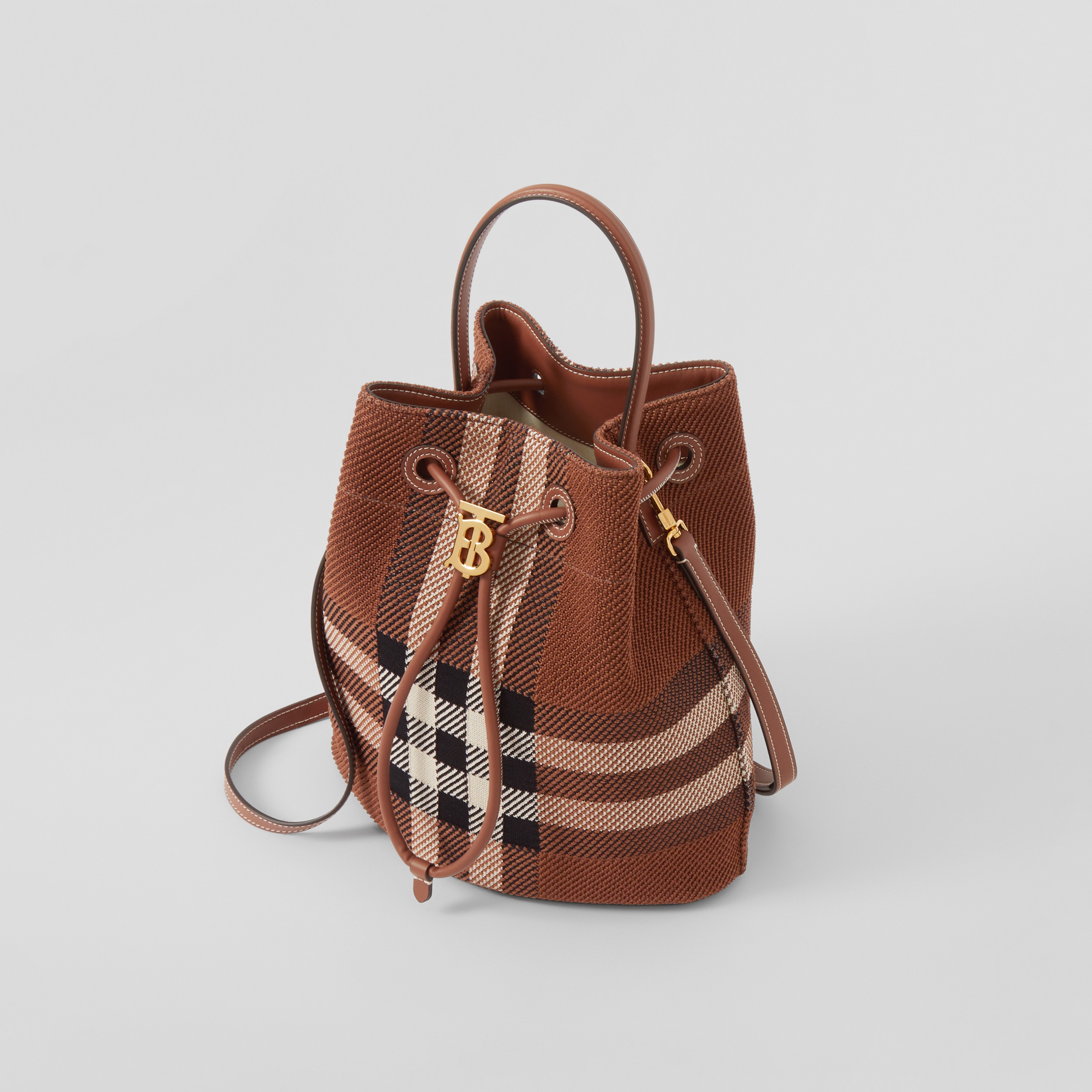 Knitted Check and Leather Small TB Bucket Bag in Dark Birch Brown - Women | Burberry® Official - 4