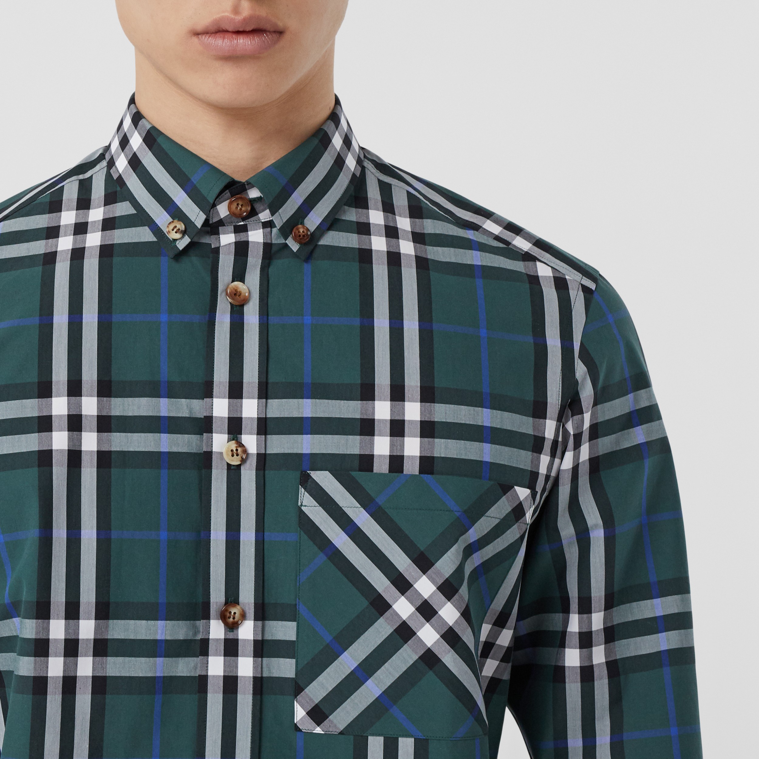 チェック コットンポプリン シャツ ダークフォレストグリーン メンズ バーバリー