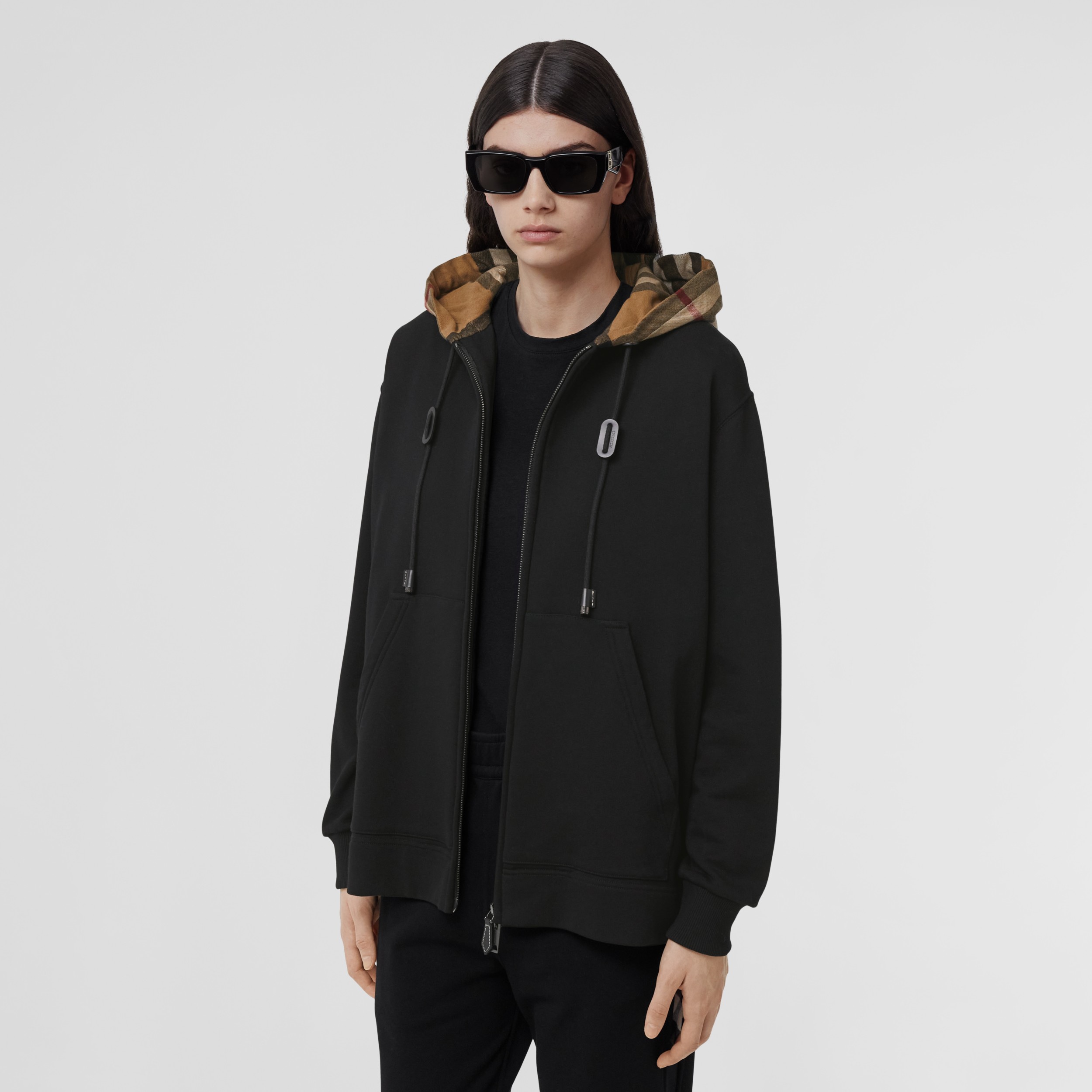 Check Hood Cotton Oversized Zip Hoodie in Black - Women | Burberry® Official