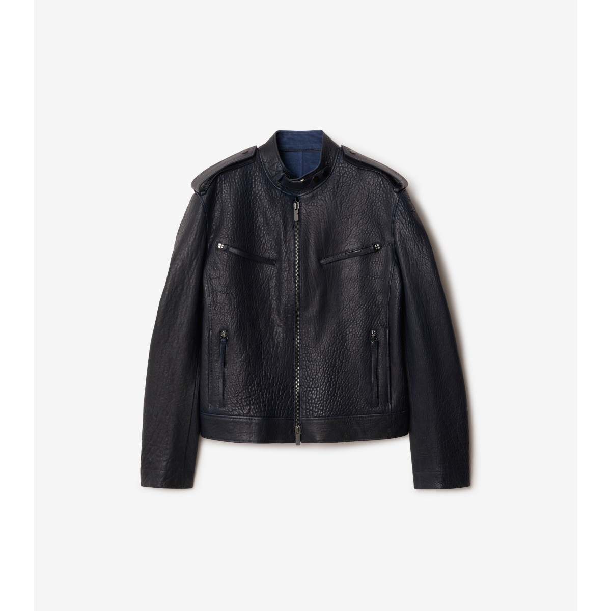 Shop Burberry Leather Jacket In Blue