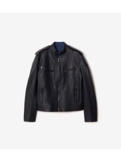 Shop Burberry Leather Jacket In Blue
