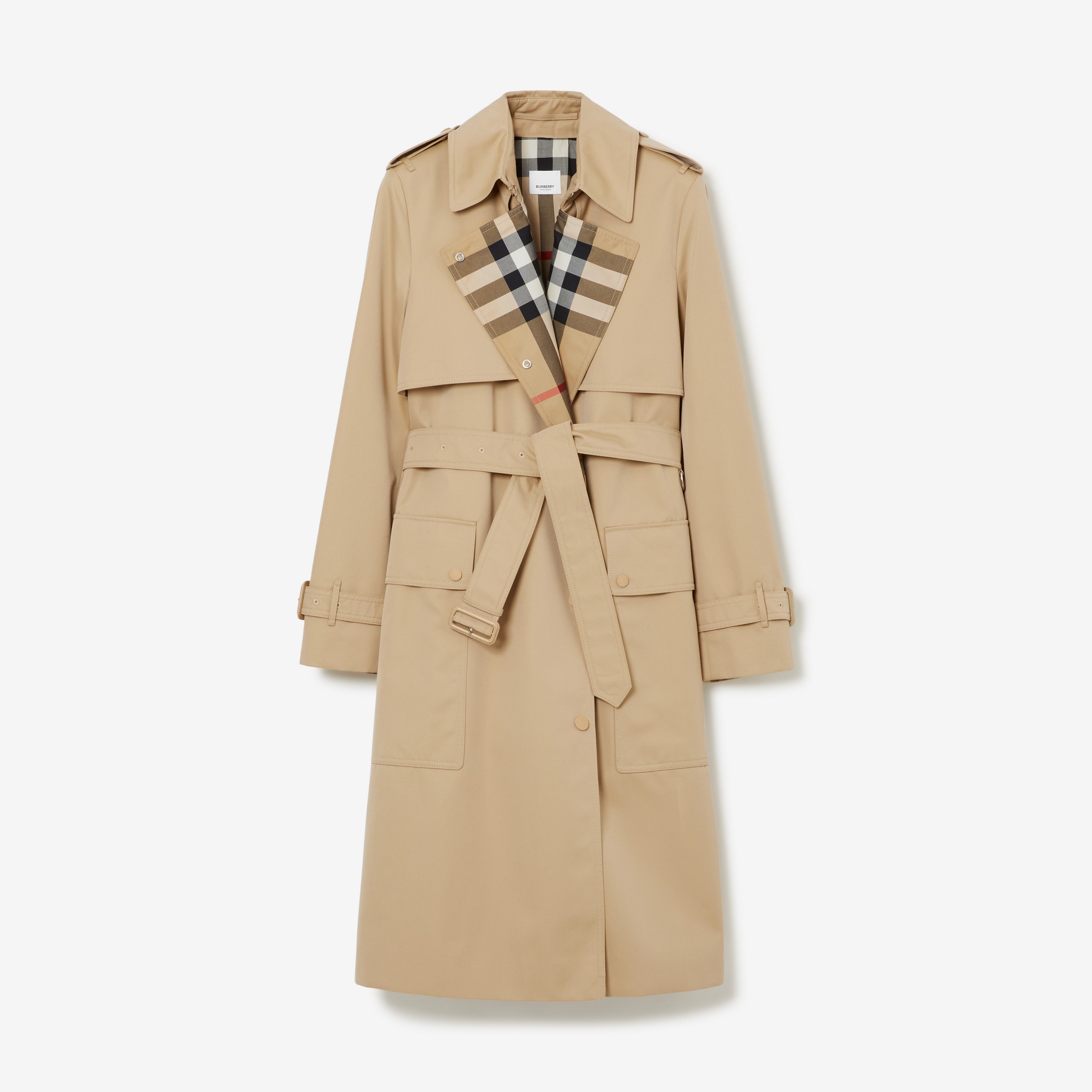 Trench coat de gabardine de algodão com recorte xadrez (Mel) - Mulheres | Burberry® oficial - 1