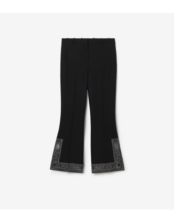 Cropped Embroidered Wool Silk Flared Trousers
