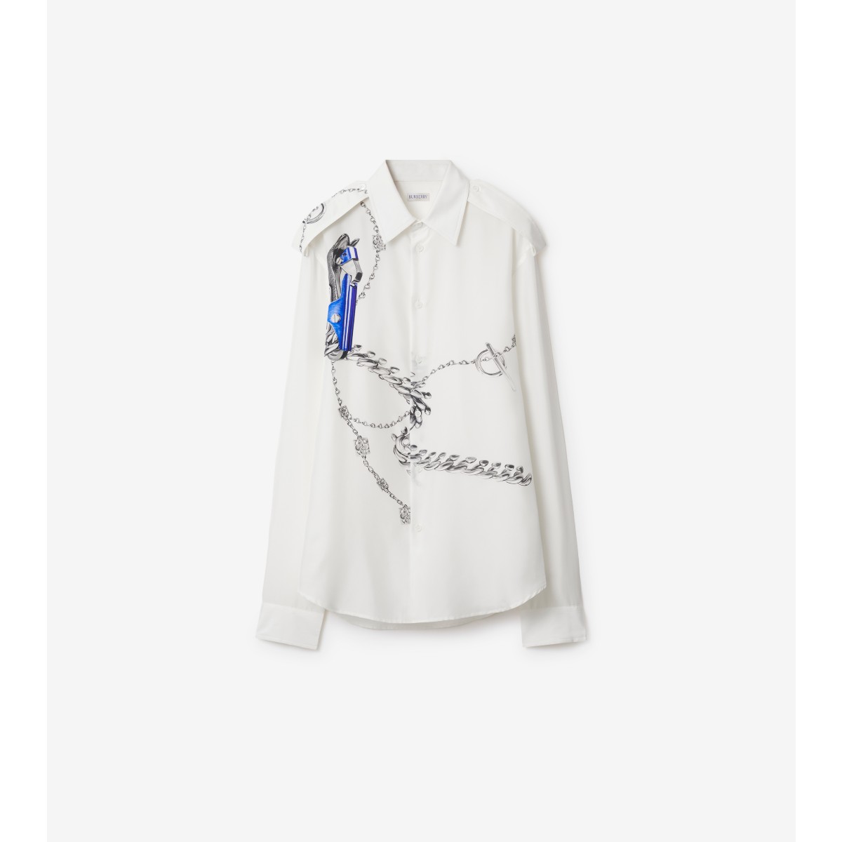 Shop Burberry Knight Hardware Silk Shirt In Blue/white