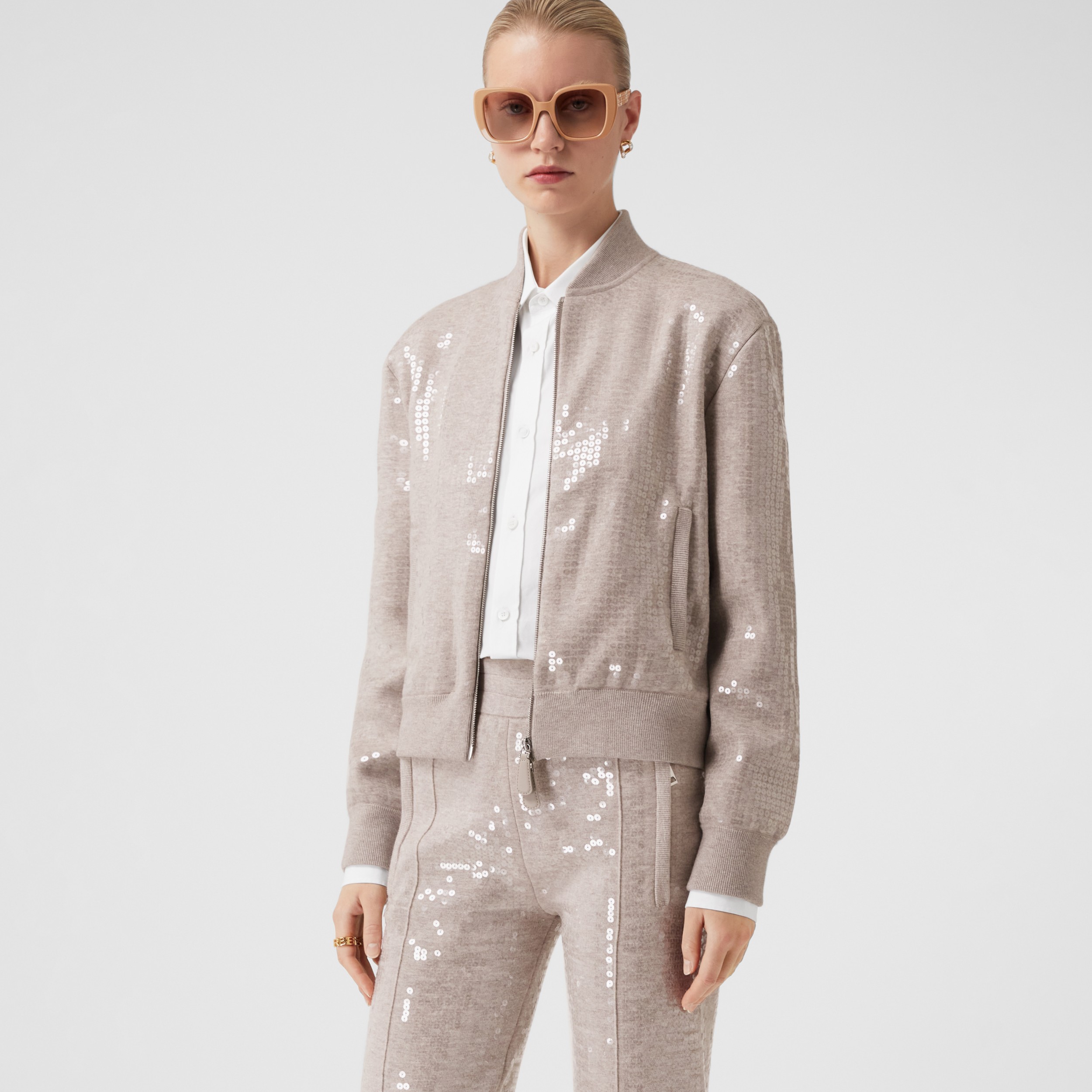 Sequinned Cashmere Cotton Blend Bomber Jacket in Beige Melange - Women | Burberry® Official - 4
