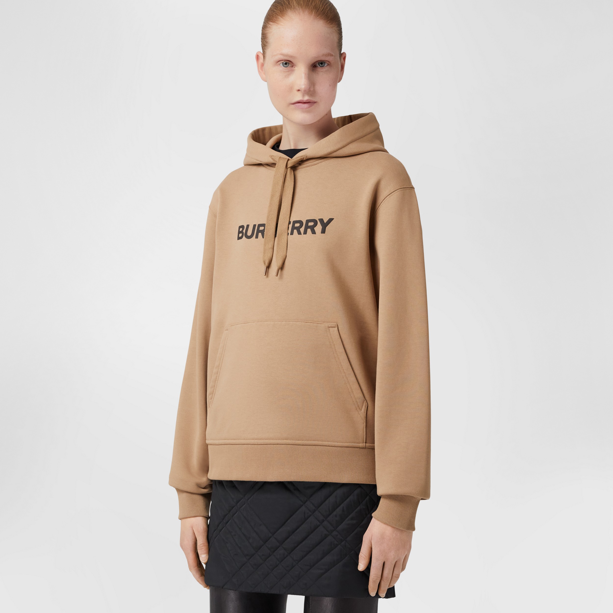 Logo Print Cotton Hoodie in Camel - Women | Burberry® Official