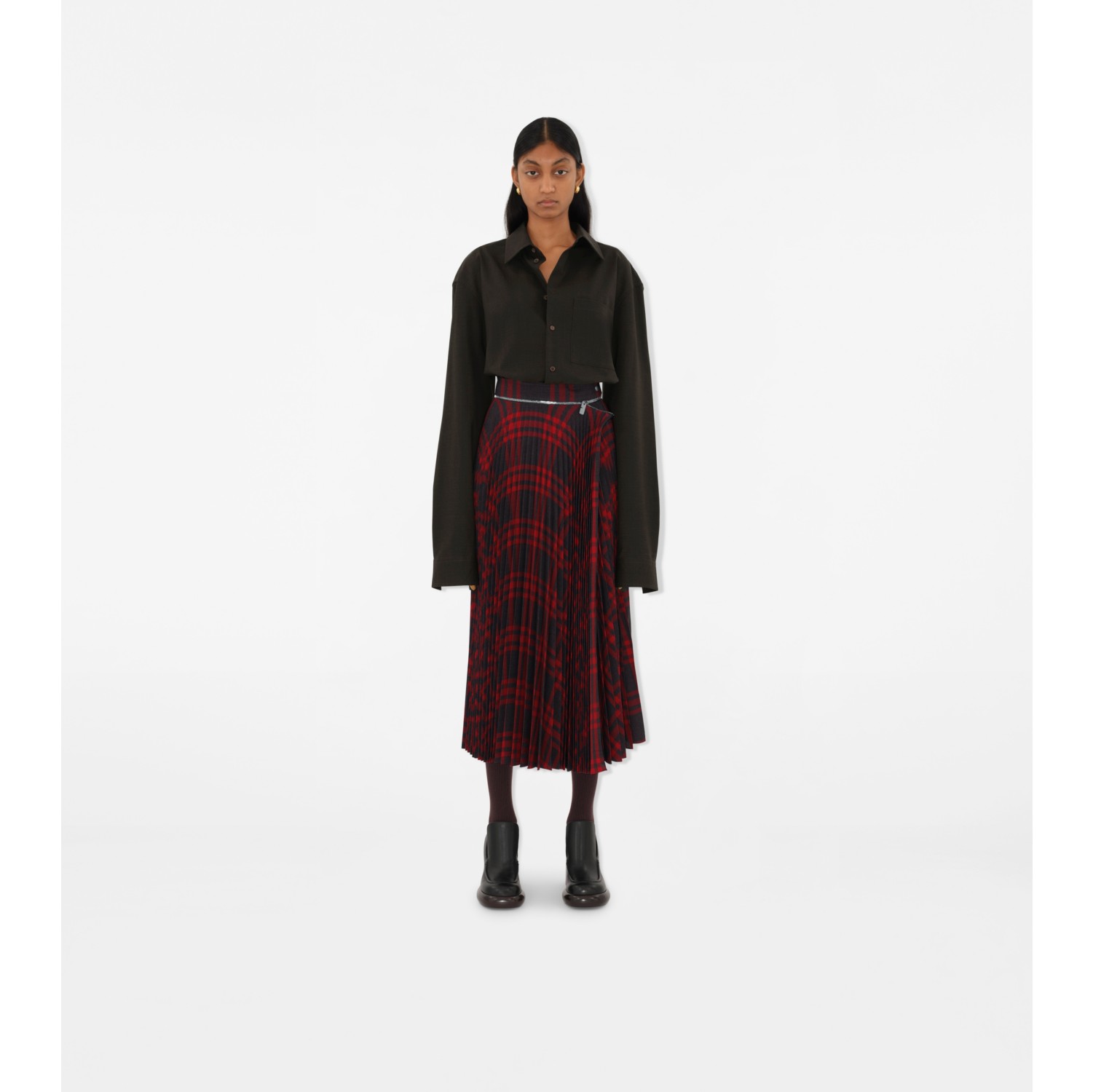 Pleated Check Wool Blend Skirt