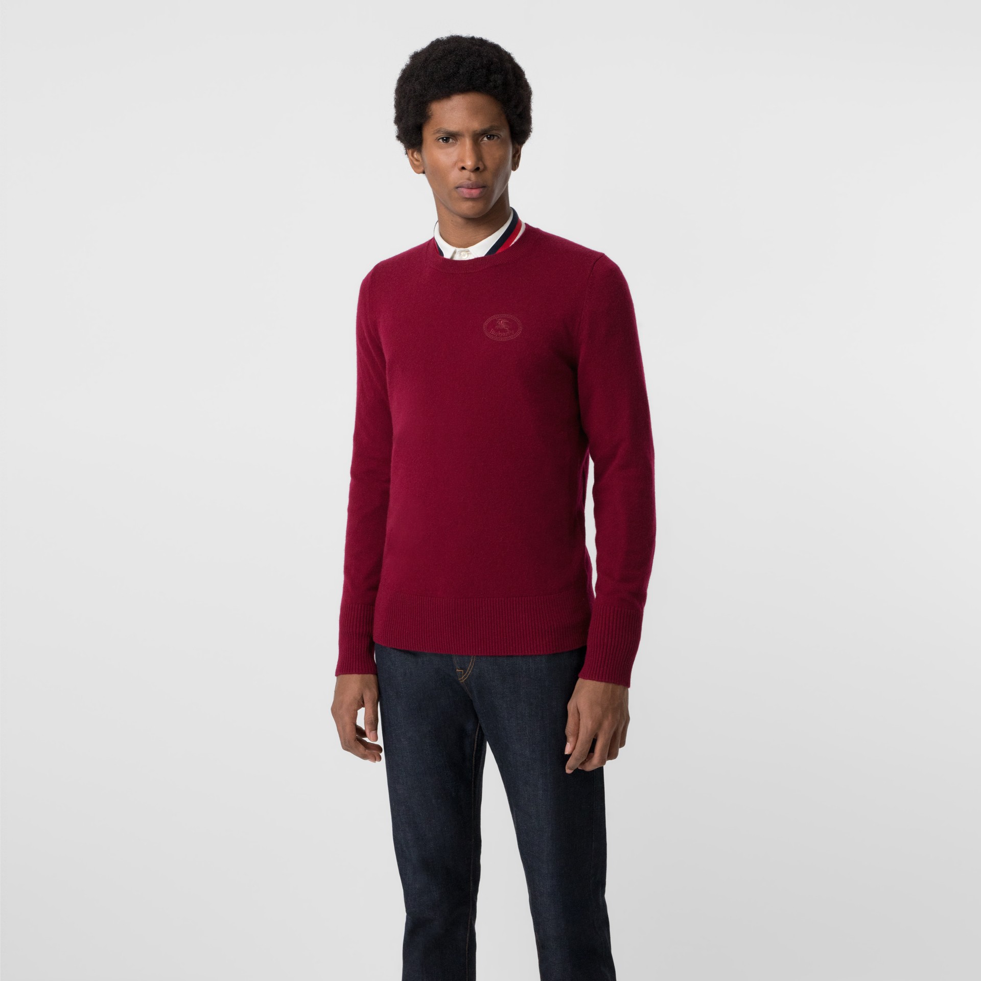 Embroidered Logo Cashmere Sweater in Claret - Men | Burberry United States
