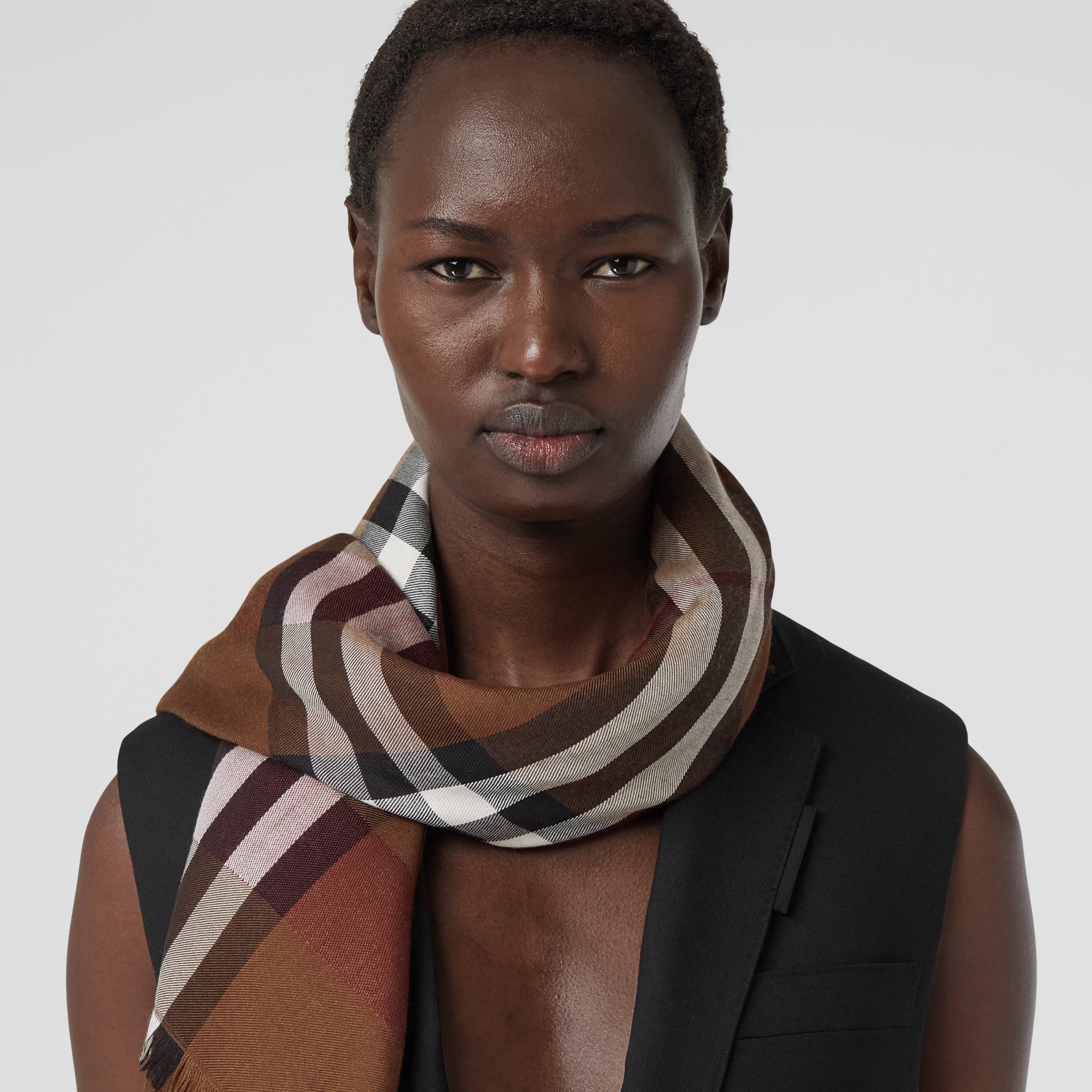 Check Silk Wool Large Square Scarf in Dark Birch Brown | Burberry® Official