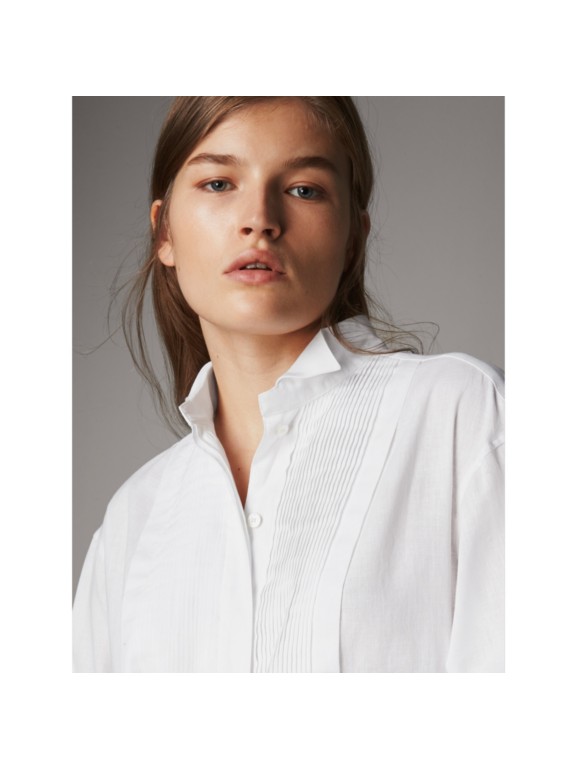 Pintuck Bib Wing Collar Longline Linen Cotton Shirt in White - Women ...