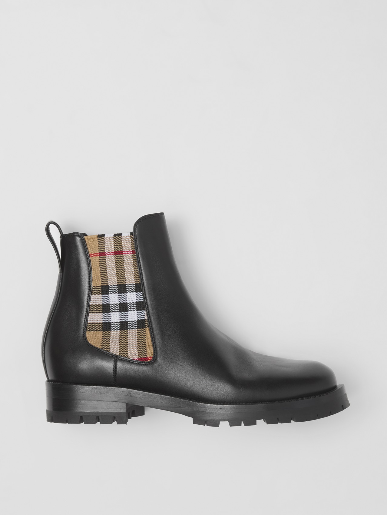 Vintage Check Detail Leather Chelsea Boots in Black