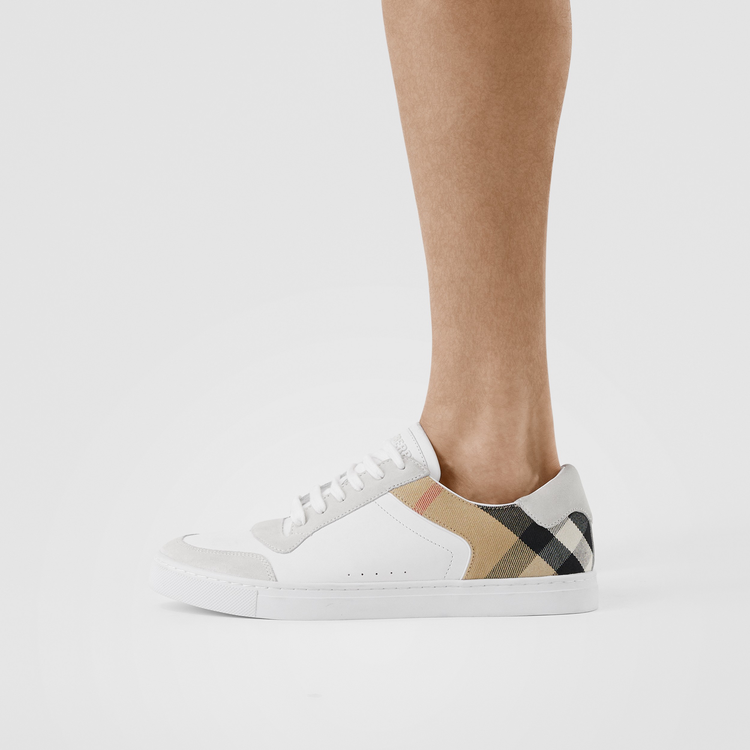 Leather, Suede and House Check Cotton Sneakers in Optic White - Men | Burberry® Official - 3