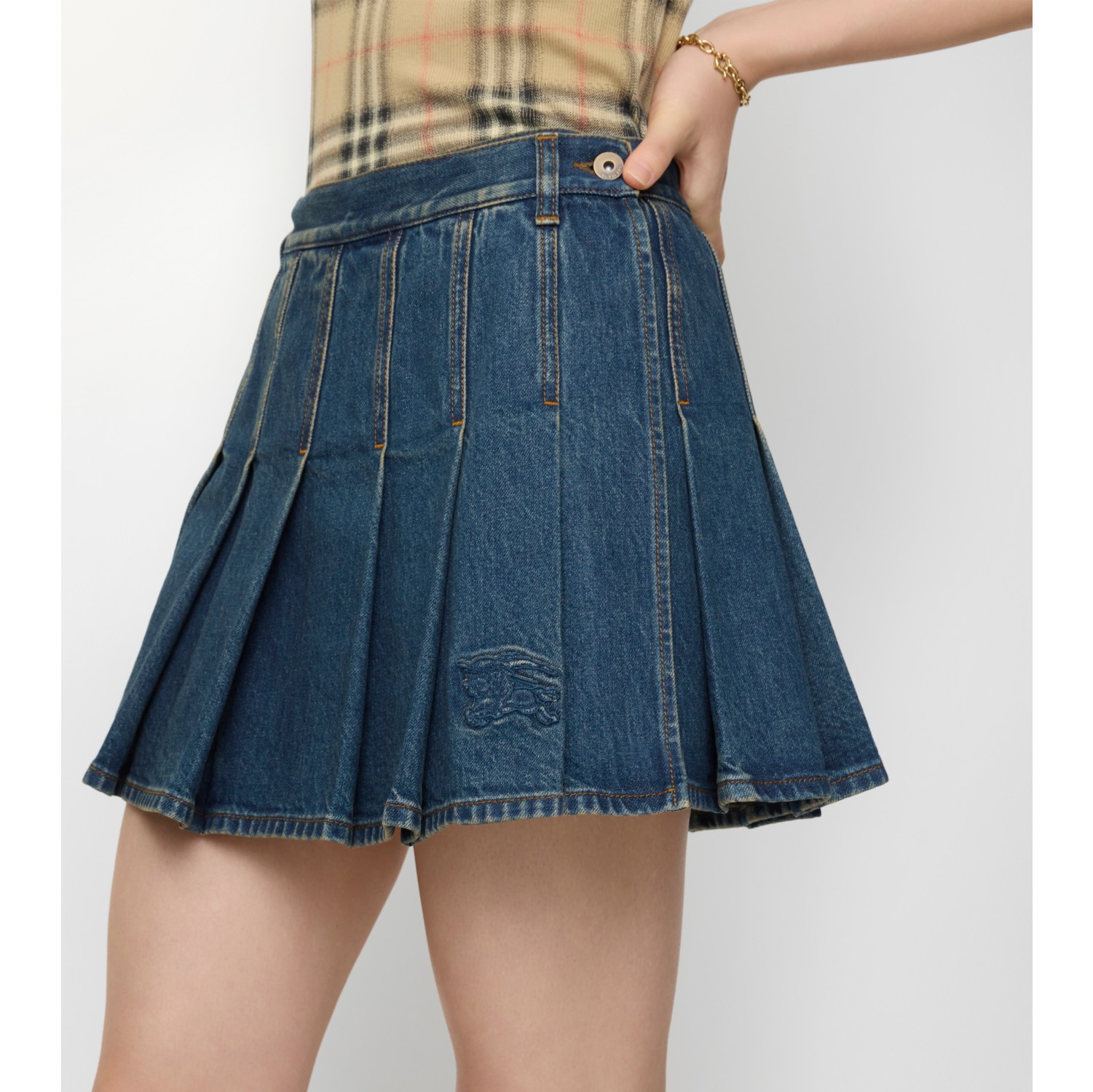 Pleated Denim Mini Skirt in Mid blue - Women | Burberry® Official