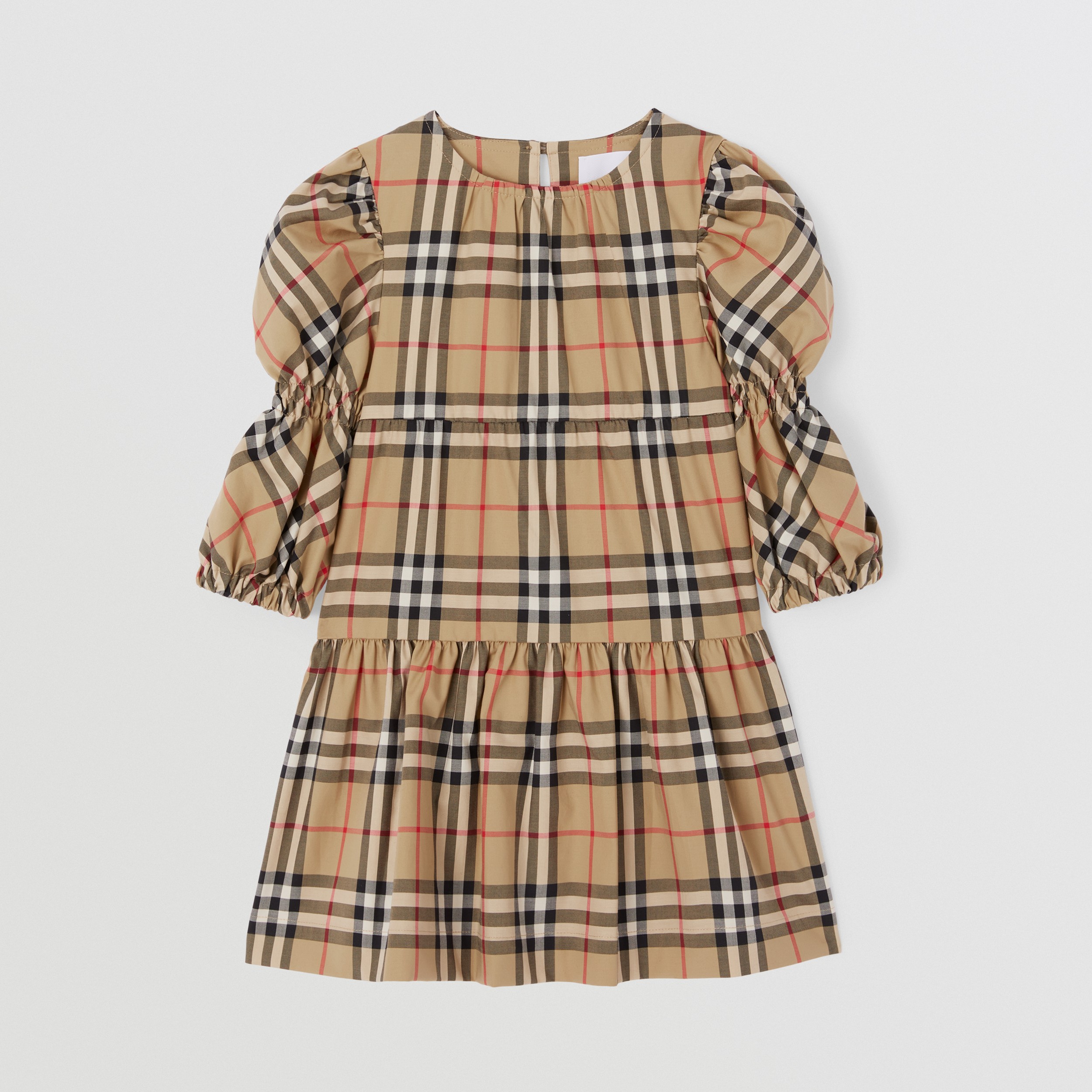 Puff-sleeve Vintage Check Stretch Cotton Dress in Archive Beige - Children | Burberry® Official - 1