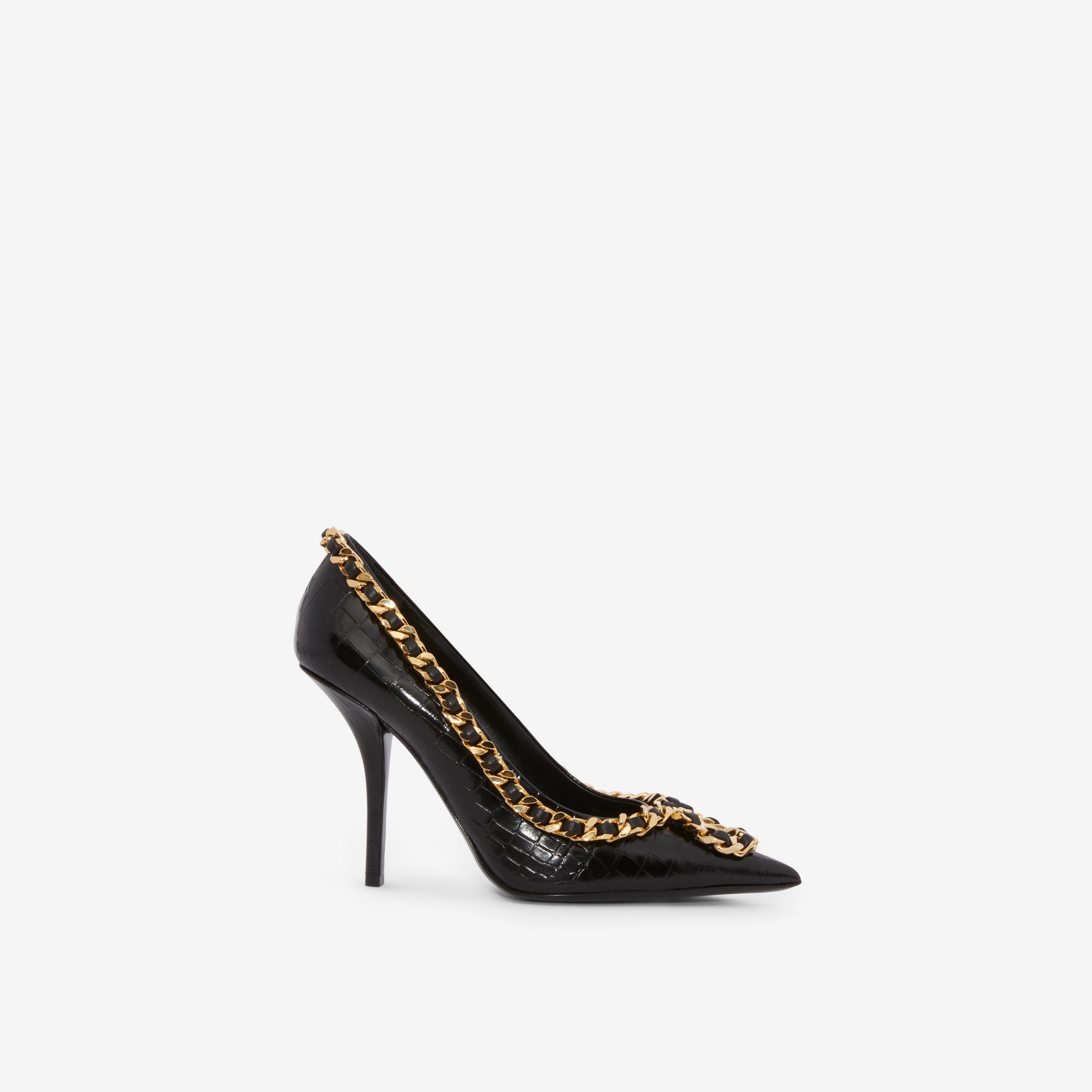 Zapatos de tacón en piel con puntera en pico y detalle de cadena (Negro) - Mujer | Burberry® oficial - 1