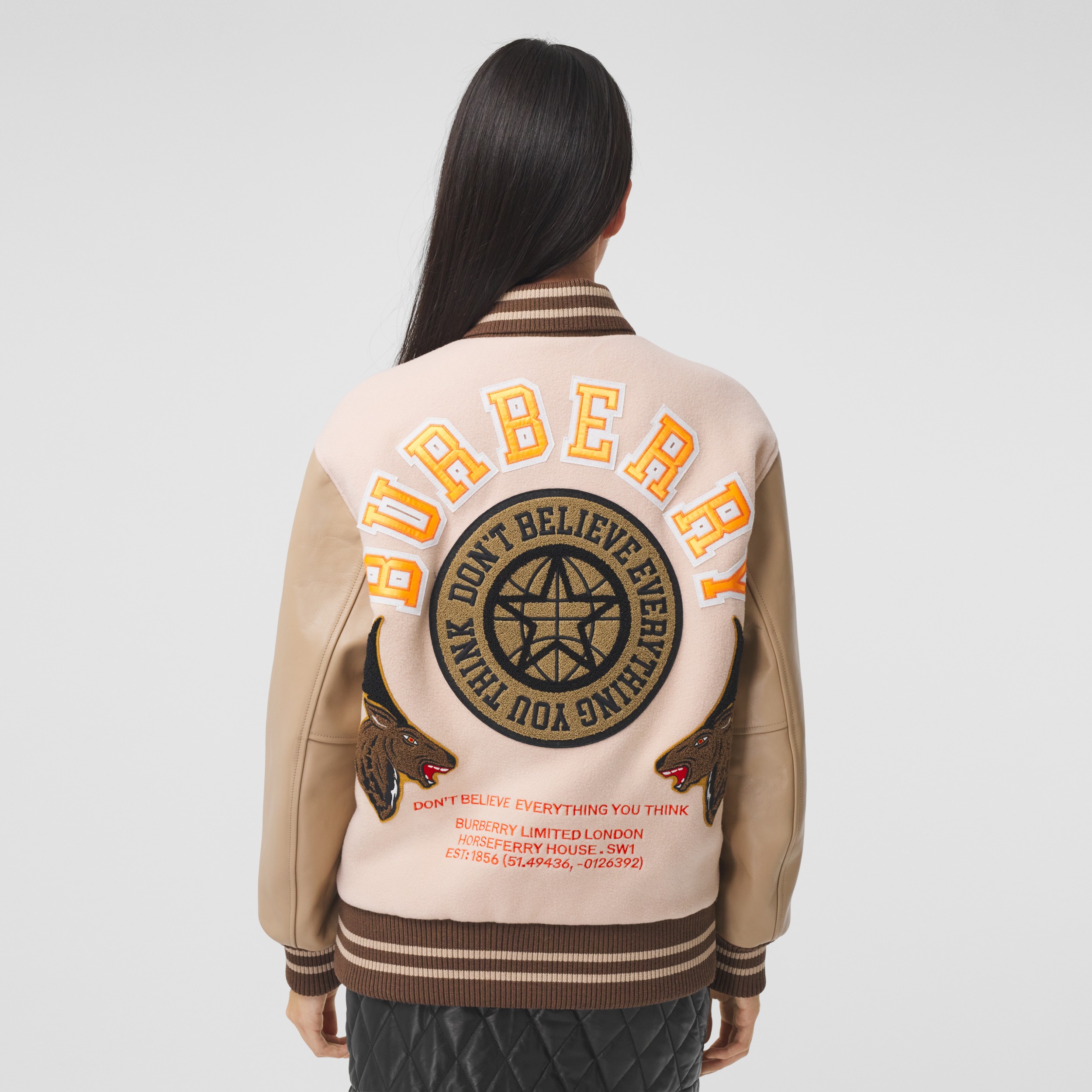 Varsity Graphic Wool and Leather Bomber Jacket in Rose Pink Women