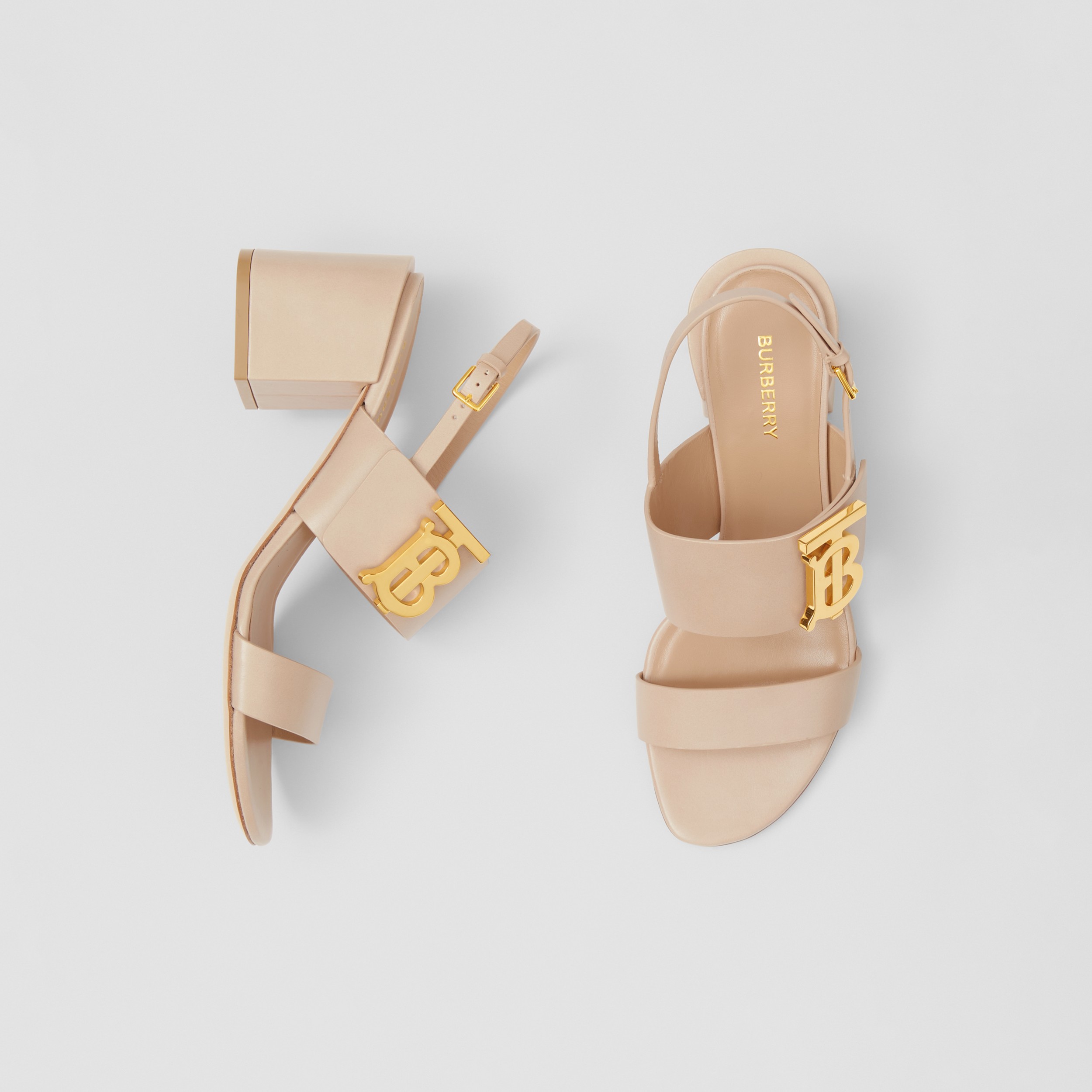 Monogram Motif Leather Blockheel Sandals in Soft Fawn Women Burberry® Official Wishupon
