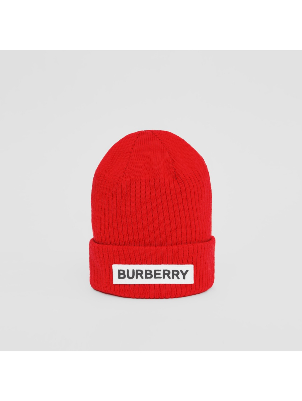Bonnet en laine mérinos côtelée avec logo in Rouge Vif