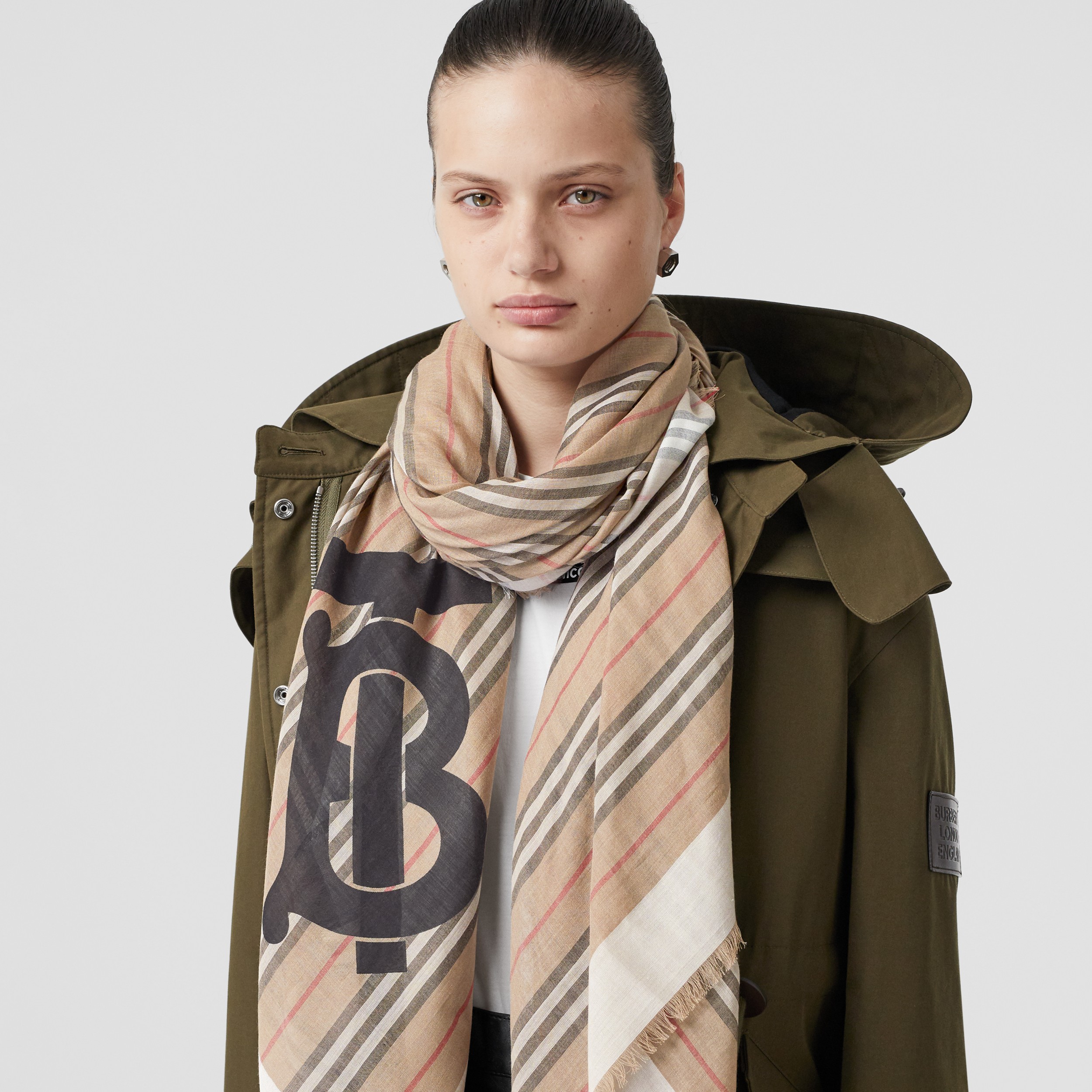 Monogram Icon Stripe Wool Silk Large Square Scarf in Archive Beige ...
