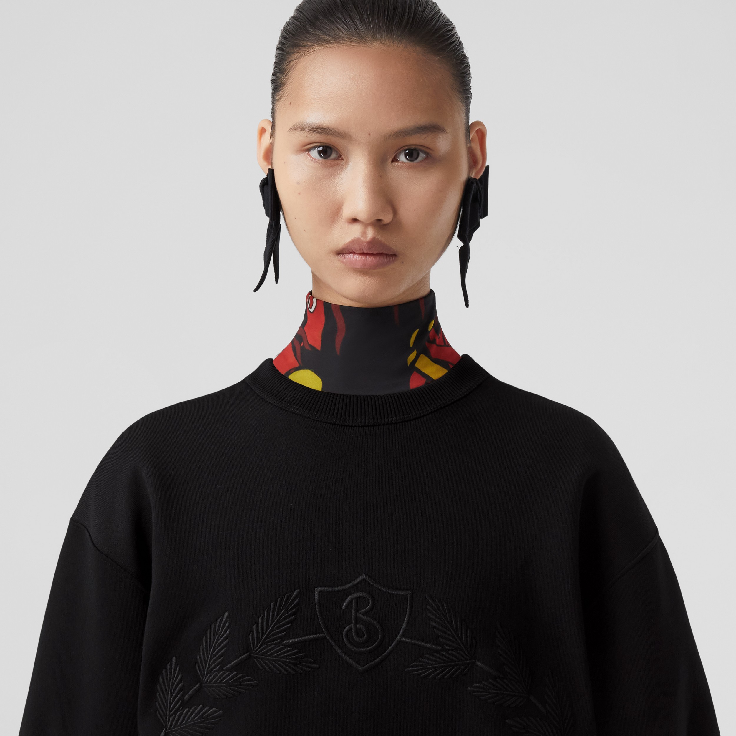 Embroidered Oak Leaf Crest Cotton Sweatshirt in Black - Women | Burberry® Official - 2