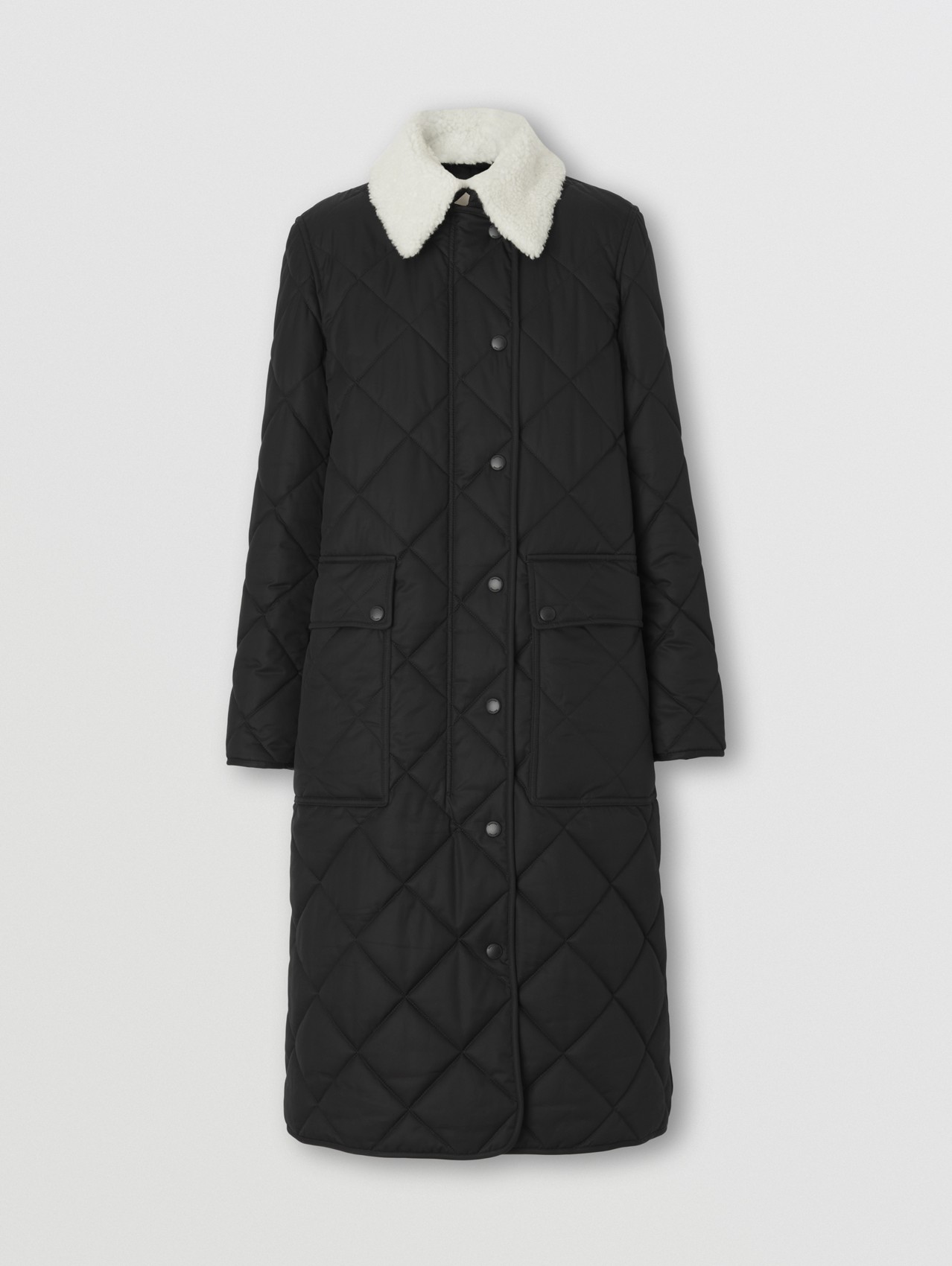 Detachable Collar Quilted Cotton Gabardine Coat in Black