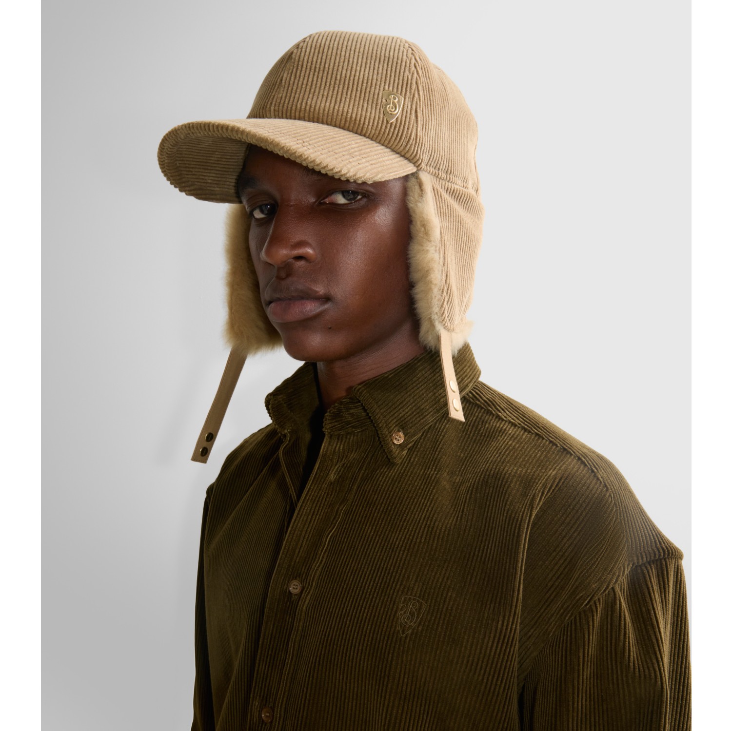 Shearling Trim Corduroy Trapper Cap