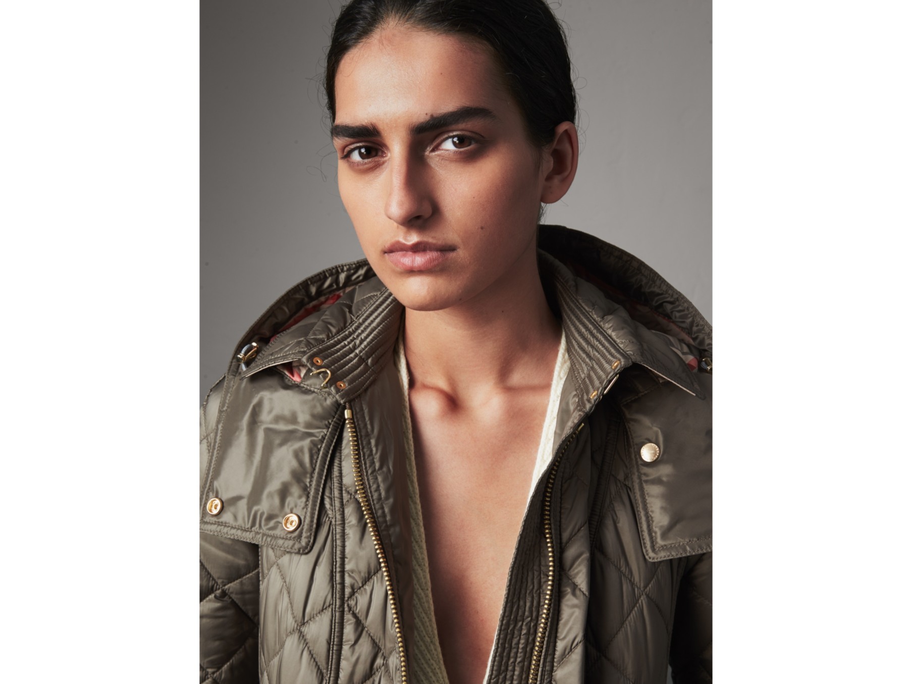 detachable hood quilted showerproof parka in mink grey - women