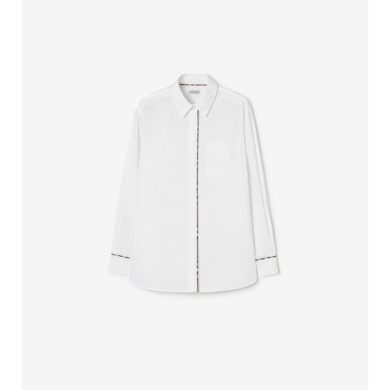 Relaxed Fit Check Trim Cotton Shirt in White - Women | Burberry® Official