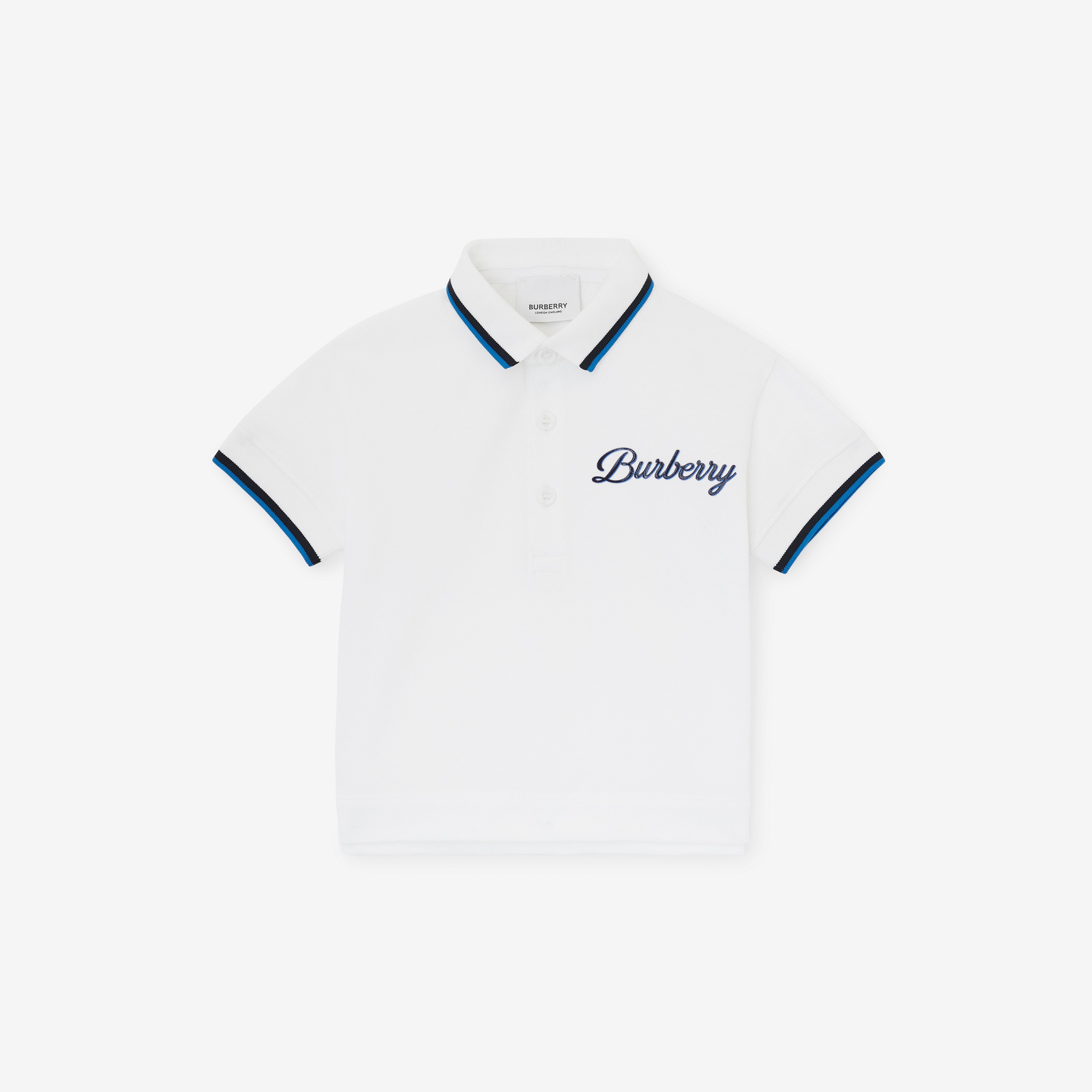Logo Script Print Cotton Piqué Polo Shirt in White - Children | Burberry® Official - 1