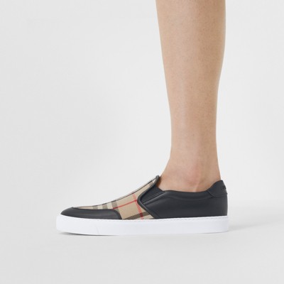 Tênis sem cadarço de couro com estampa Vintage Check (Preto/bege) -  Mulheres | Burberry® oficial
