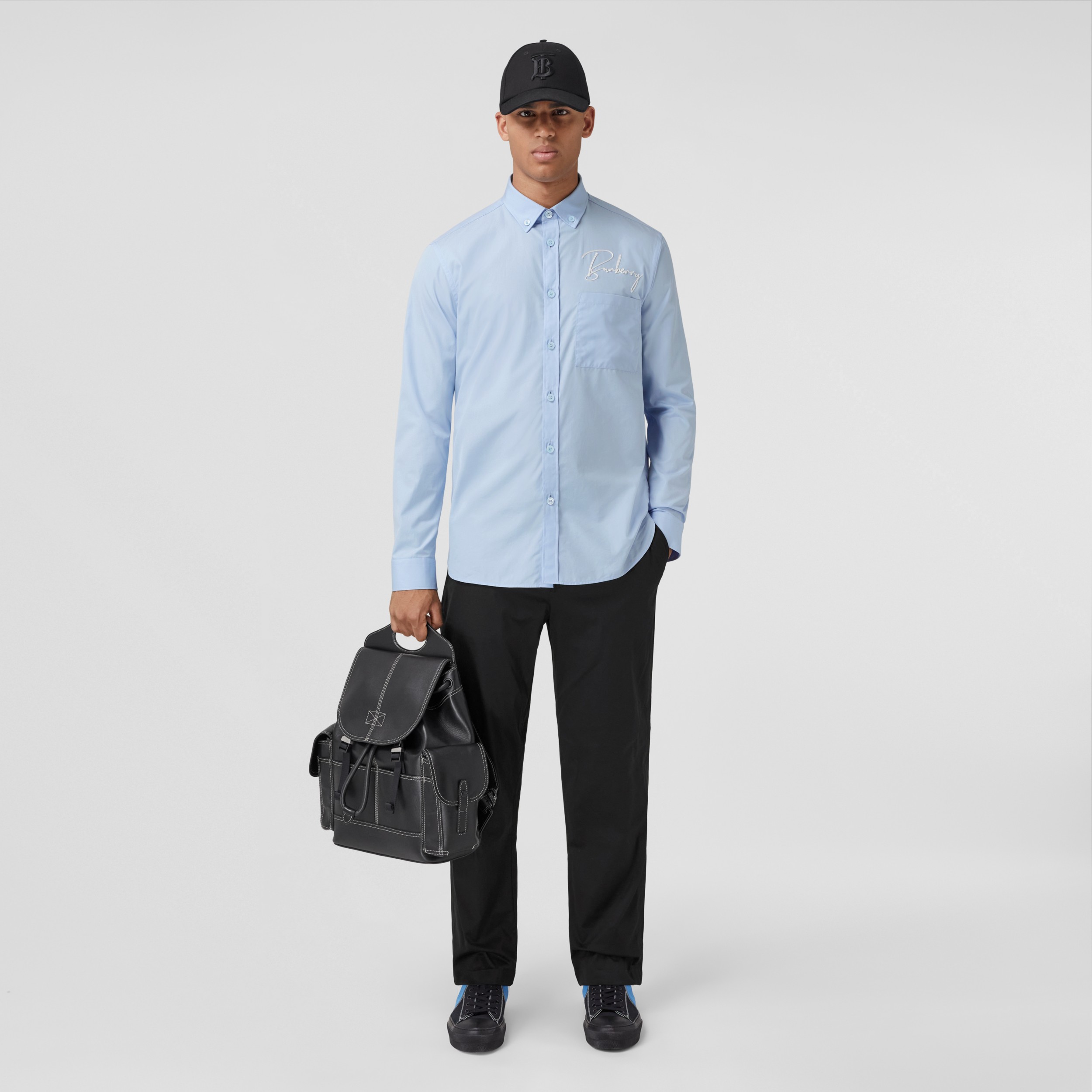 Slim Fit Monogram Motif Stretch Cotton Chinos in Black | Burberry® Official - 1