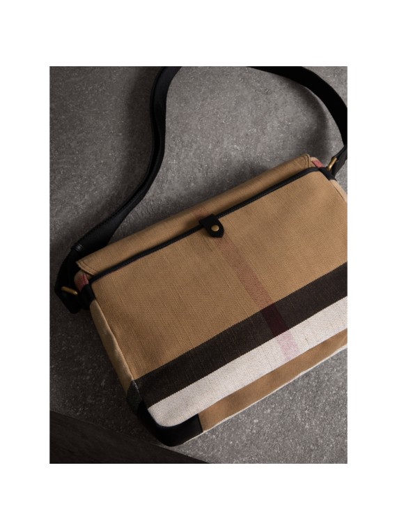 Large Leather Trim Canvas Check Messenger Bag in Black Men Burberry