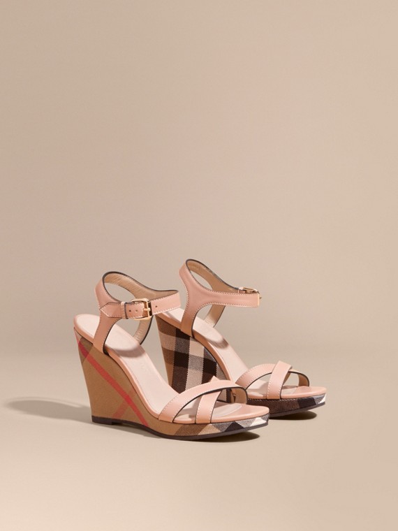 Sandals For Women Burberry House Check Detail Leather Wedge Sandals in Nude Blush - Sandals For Women Burberry
