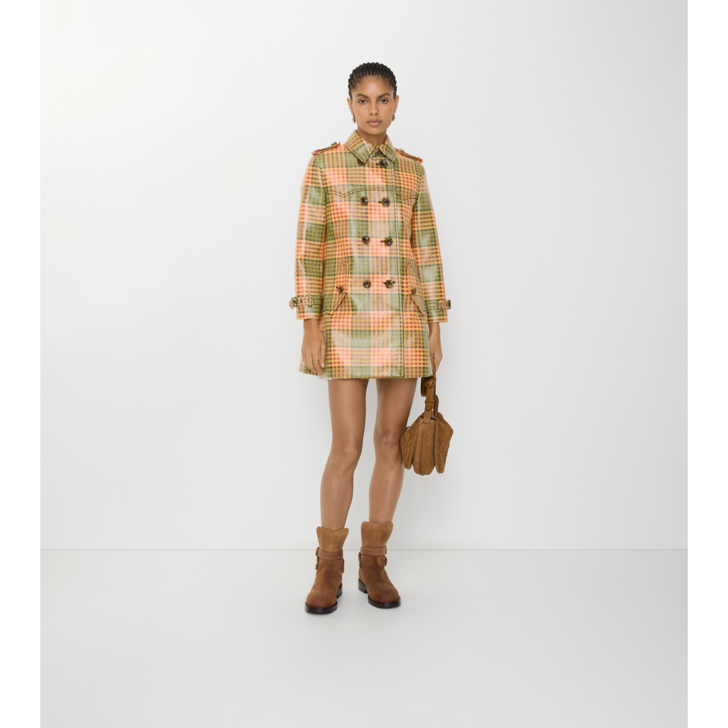 Short Check Coated Raffia-effect Summerside Trench Coat - thumbnail 2