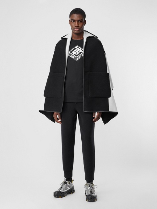 Burberry Logo Graphic Wool Cotton Jacquard Hooded Cape In Black/white