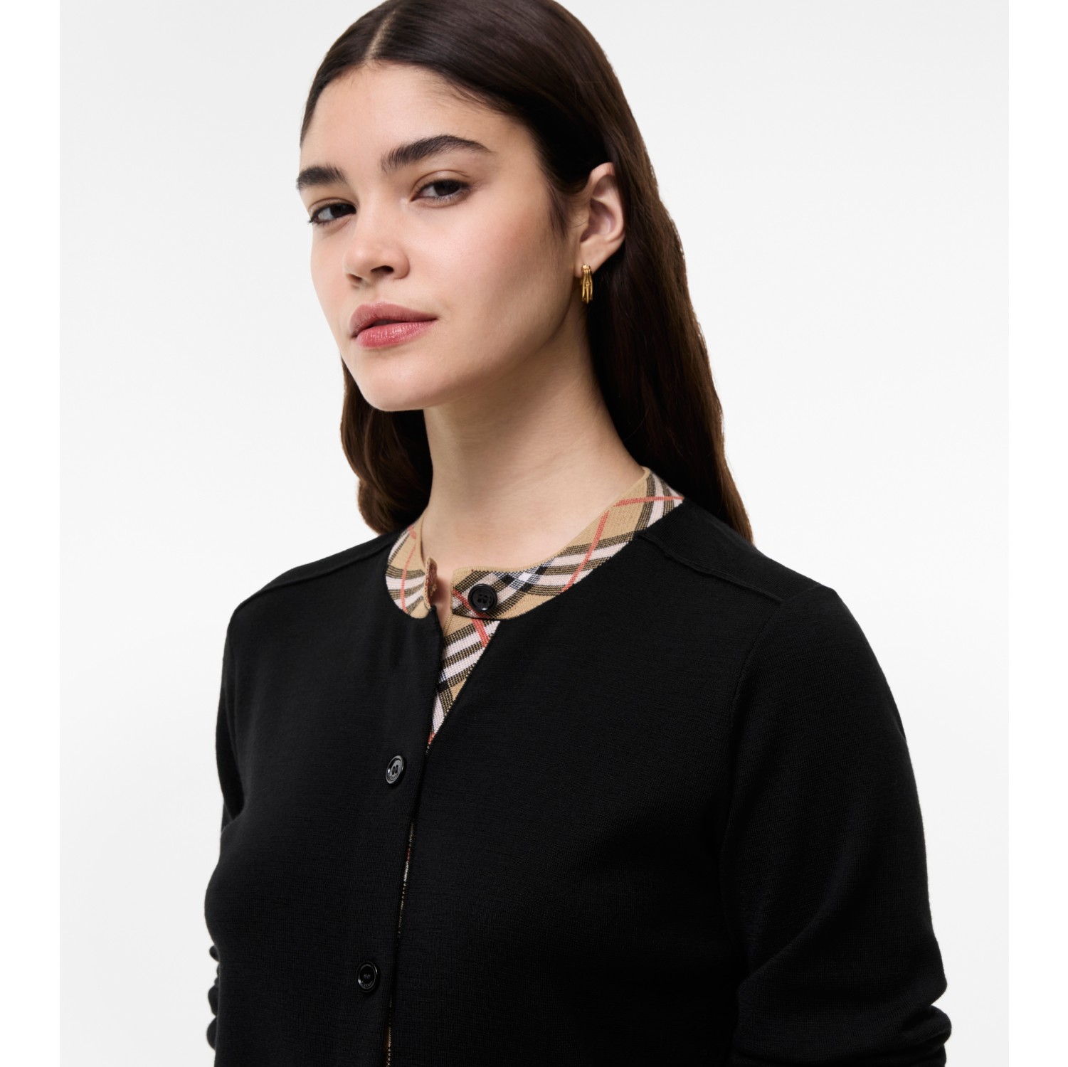 Check Trim Wool Cardigan in Black - Women | Burberry® Official