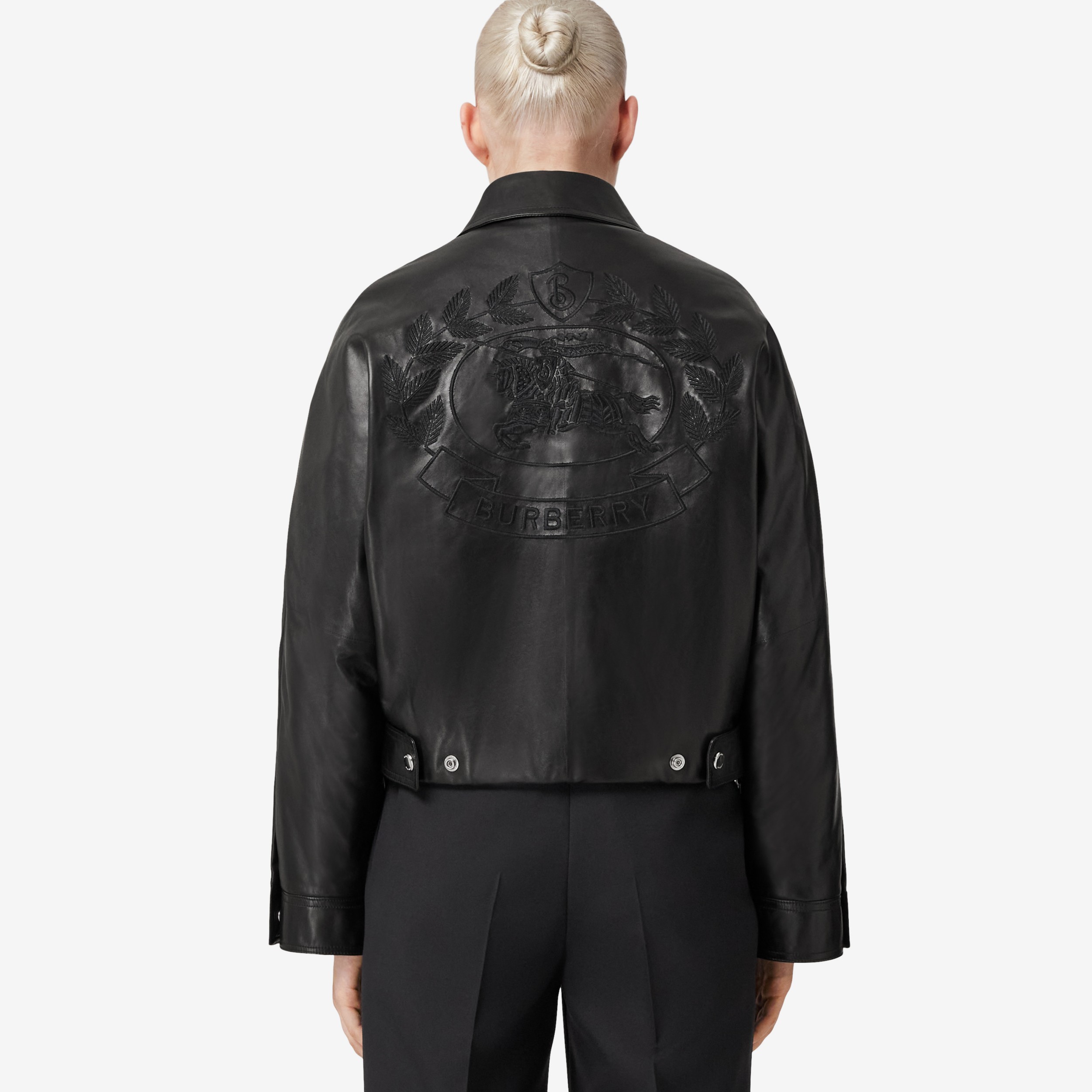 Veste en cuir avec emblème du Cavalier brodé (Noir) - Femme | Site officiel Burberry® - 3