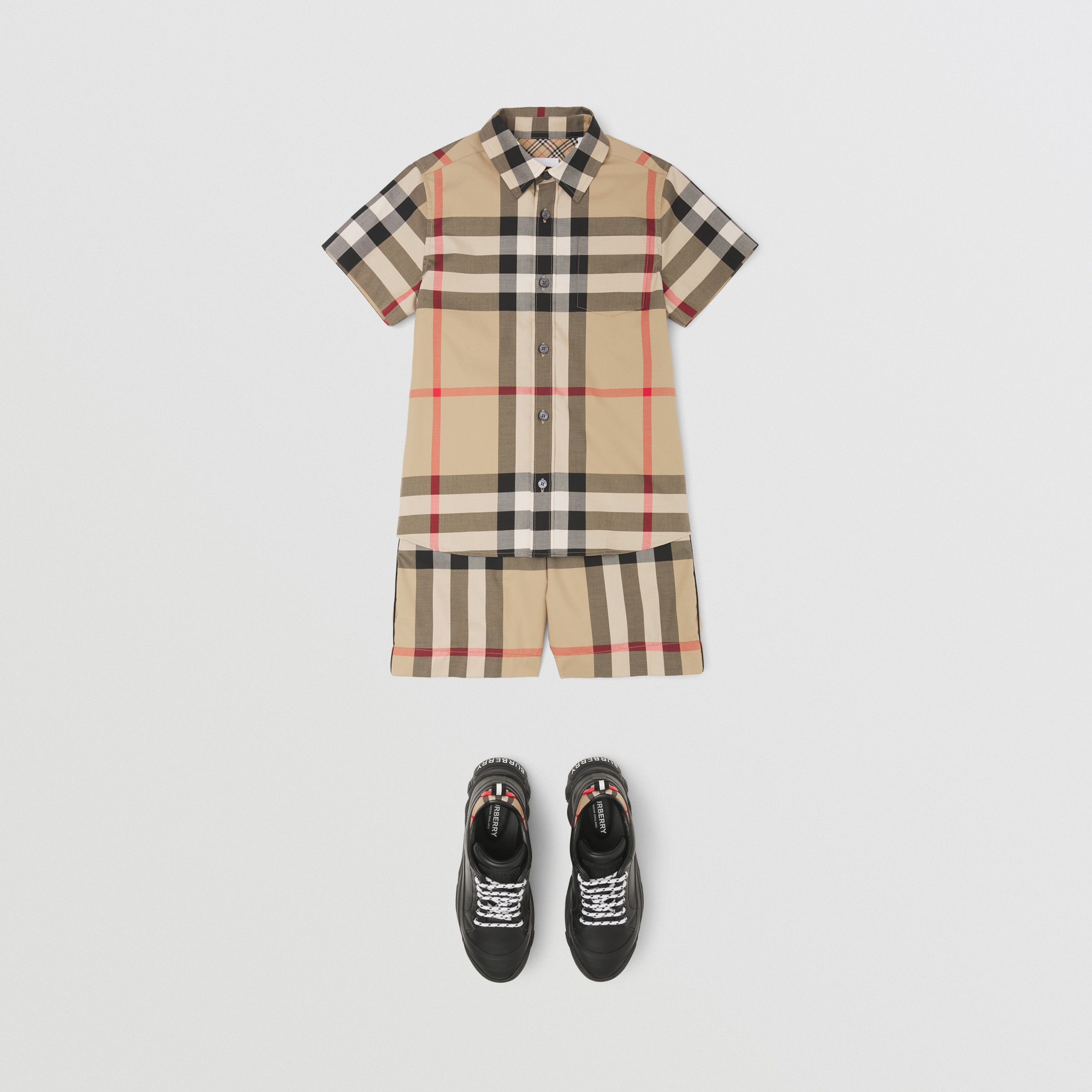 Short-sleeve Check Stretch Cotton Shirt in Archive Beige | Burberry® Official - 4