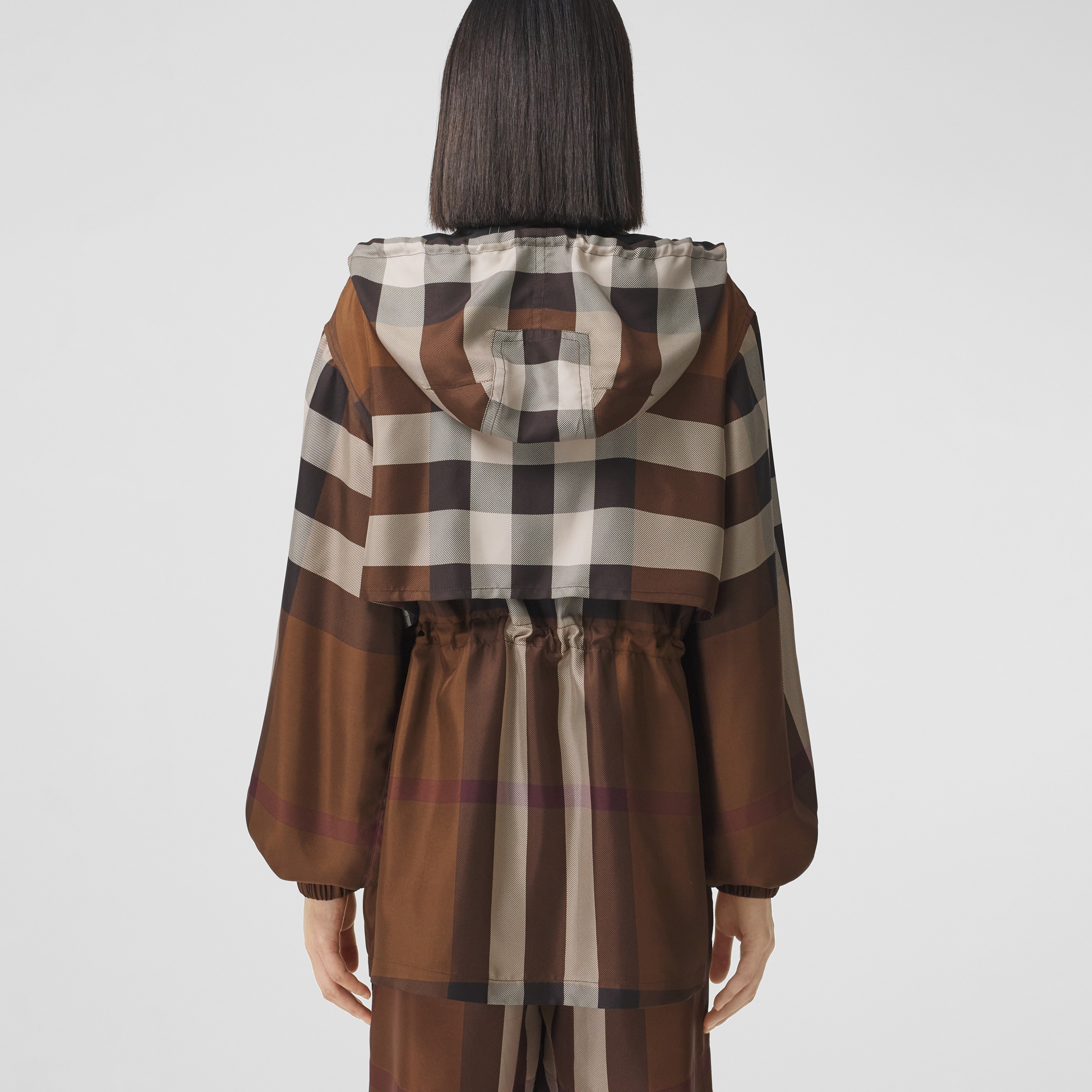 Check Silk Lightweight Hooded Jacket in Dark Birch Brown - Women | Burberry® Official - 3