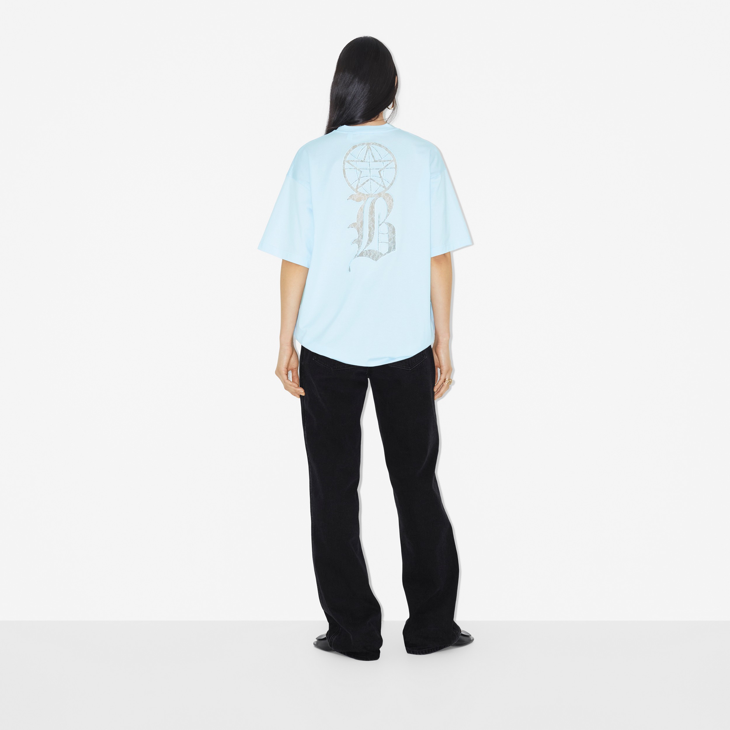 Lace Logo Cotton Oversized T-shirt in Glacier Blue - Women | Burberry® Official - 4