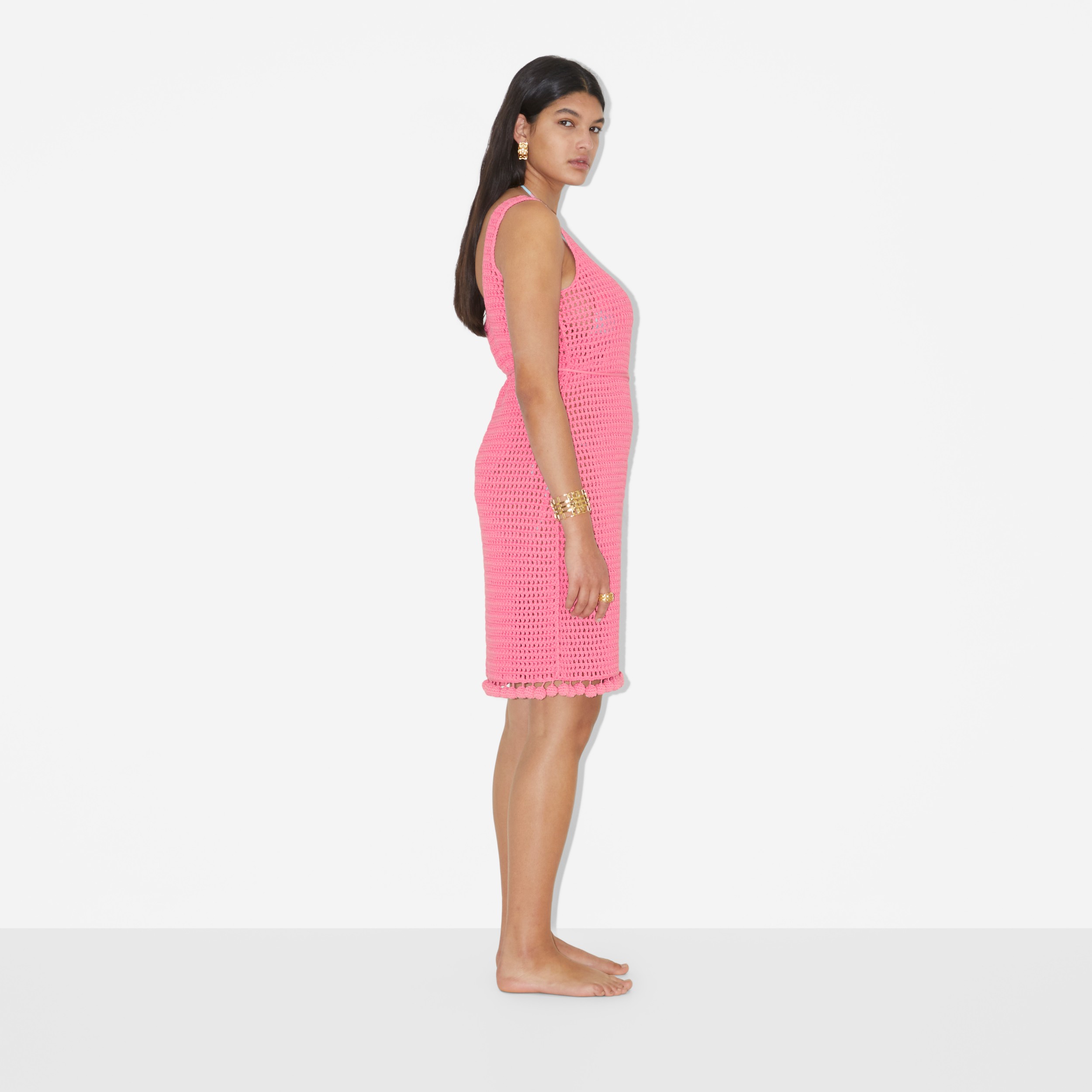 Crochet Technical Cotton Dress in Bubblegum Pink - Women | Burberry® Official - 3