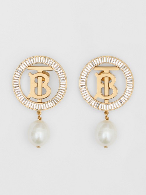 BURBERRY BURBERRY PEARL DETAIL GOLD-PLATED MONOGRAM MOTIF EARRINGS,80275061