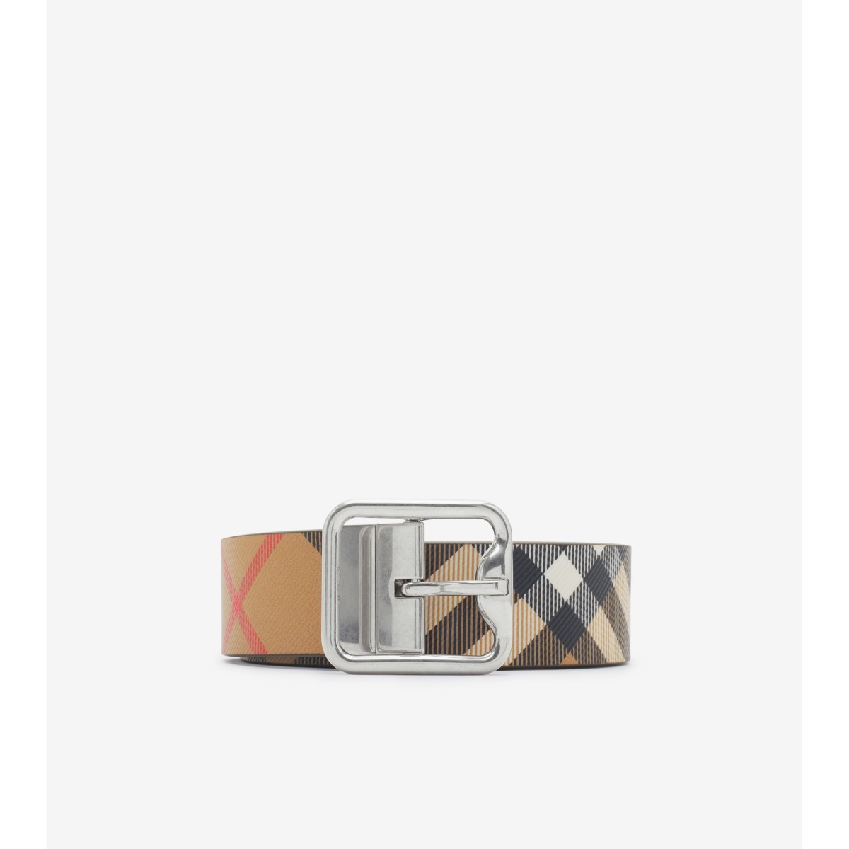 Shop Burberry Reversible Check B Buckle Belt In Sand/military/silver