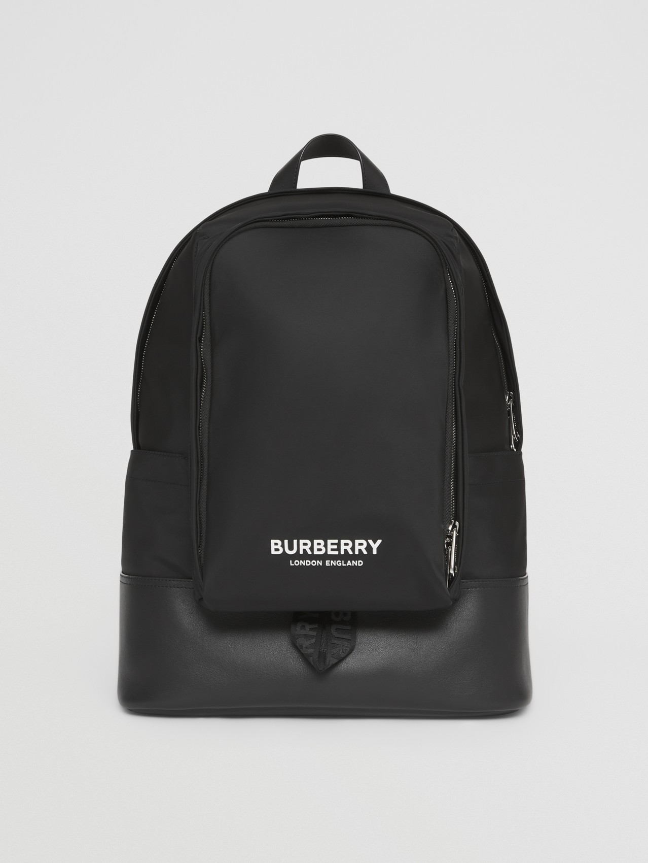 Large Logo Print Nylon and Leather Backpack in Black